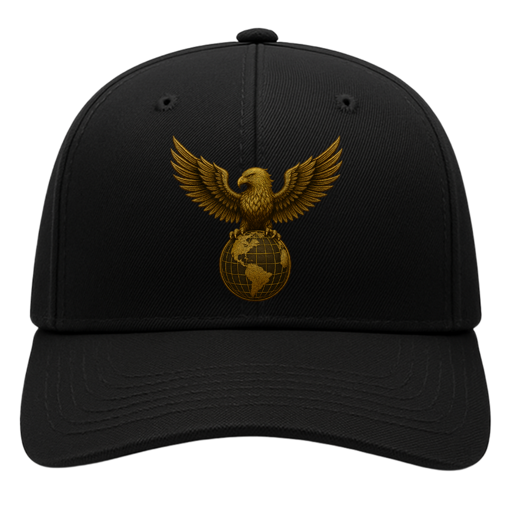 Black baseball cap with a gold embroidered eagle above a globe design.