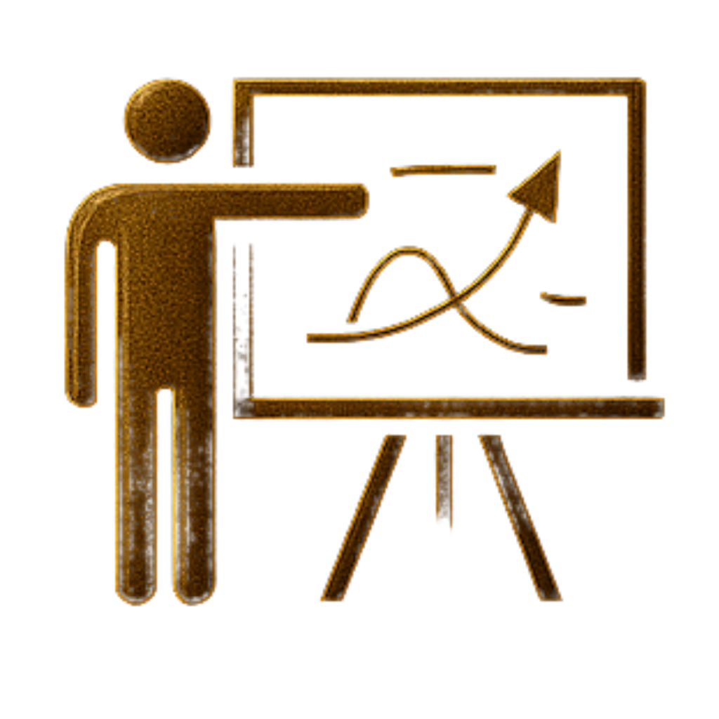Gold-colored icon of a person pointing at a presentation board with a rising arrow and graph lines.