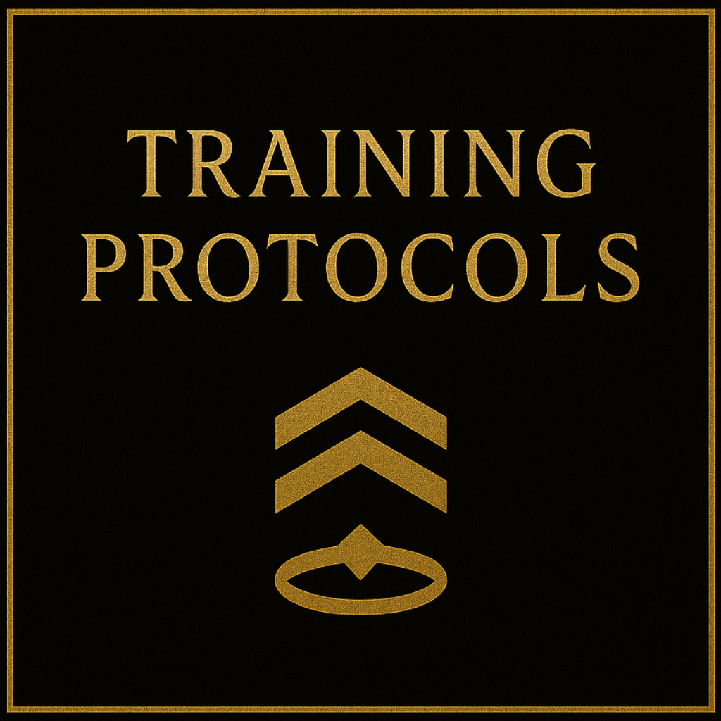 Black background with gold border and text, displaying 'Training Protocols' with three upward arrows and a circle with a diamond shape at the bottom.