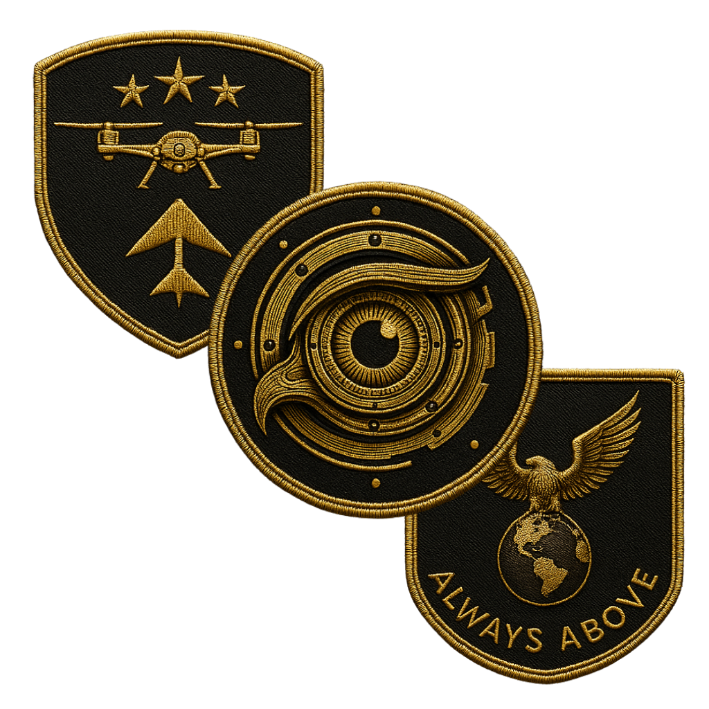 Three embroidered patches with military and aviation themes, featuring gold and black colors. The first patch has three stars and a drone, the second has a bird's head with a stylized eye, and the third has an eagle with spread wings and Earth, with the words "ALWAYS ABOVE".