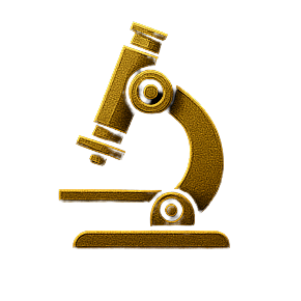 A gold-colored microscope icon on a black background.