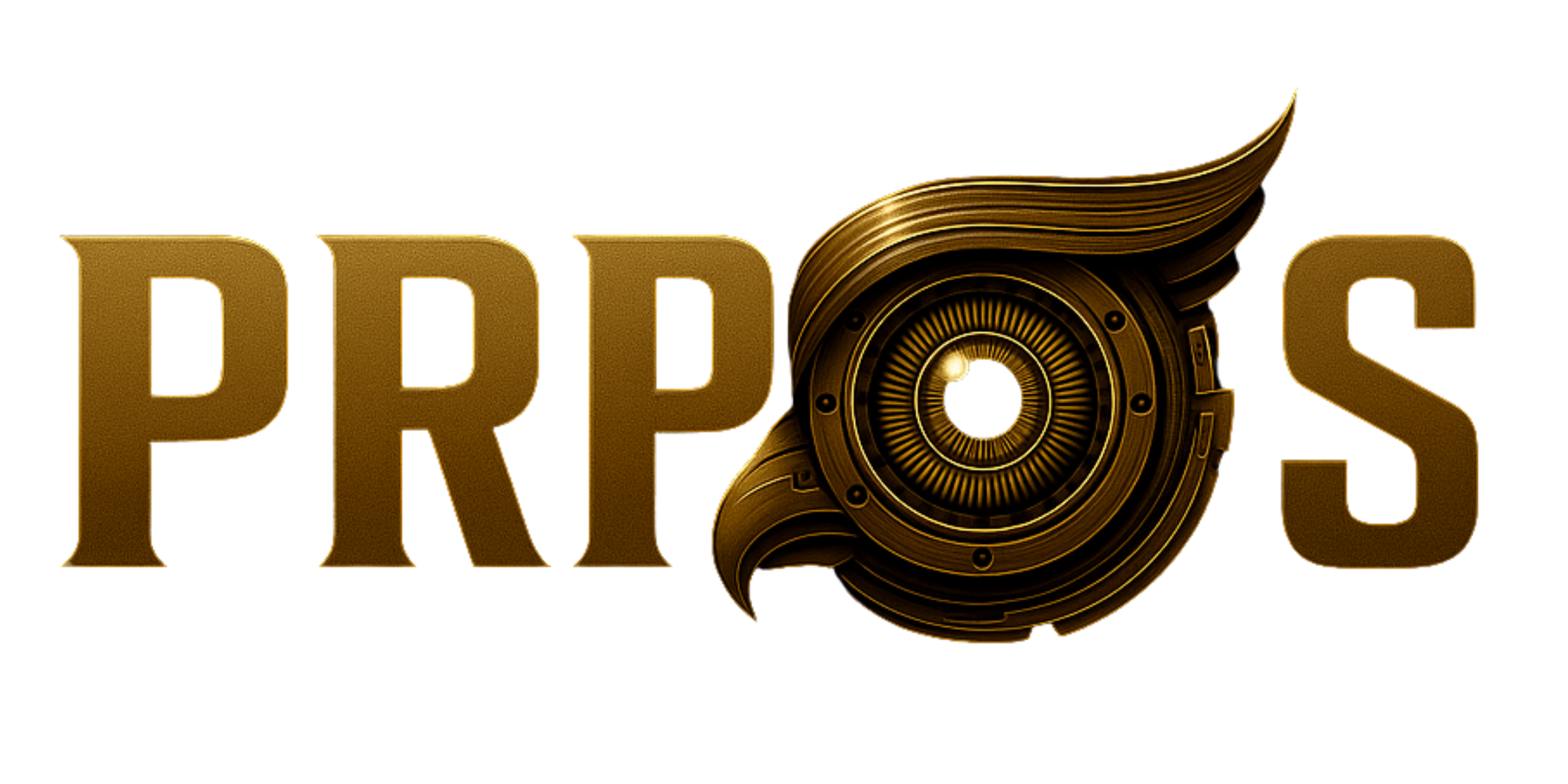 Gold-colored logo with the word 'PROP'S' where the letter 'O' is replaced by a camera lens surrounded by a metallic swirl and a wing-like extension, all in a sleek, futuristic style.