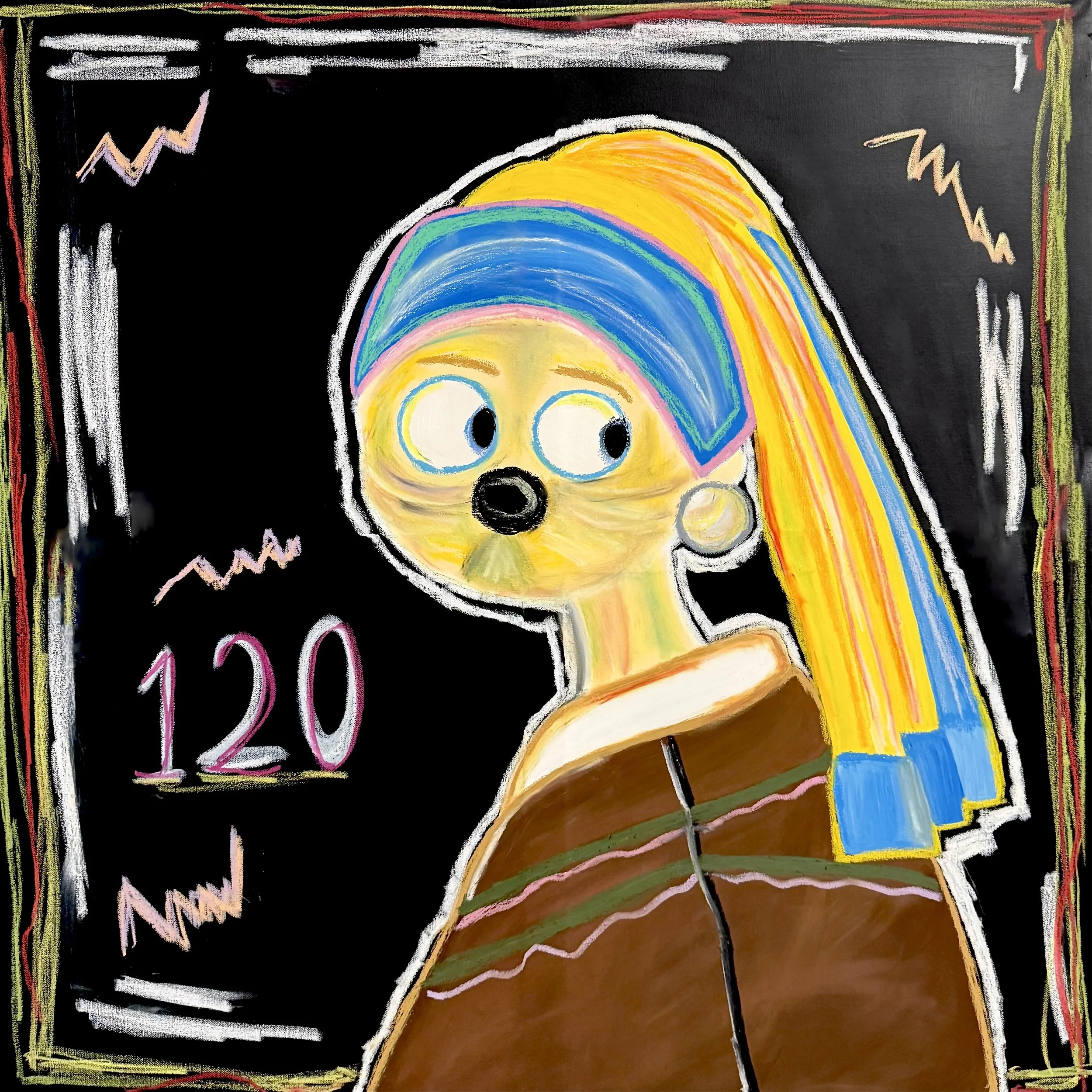 Dog with a Pearl Earring II, 2025
acrylic & oil pastels on canvas 90 x 90 cm