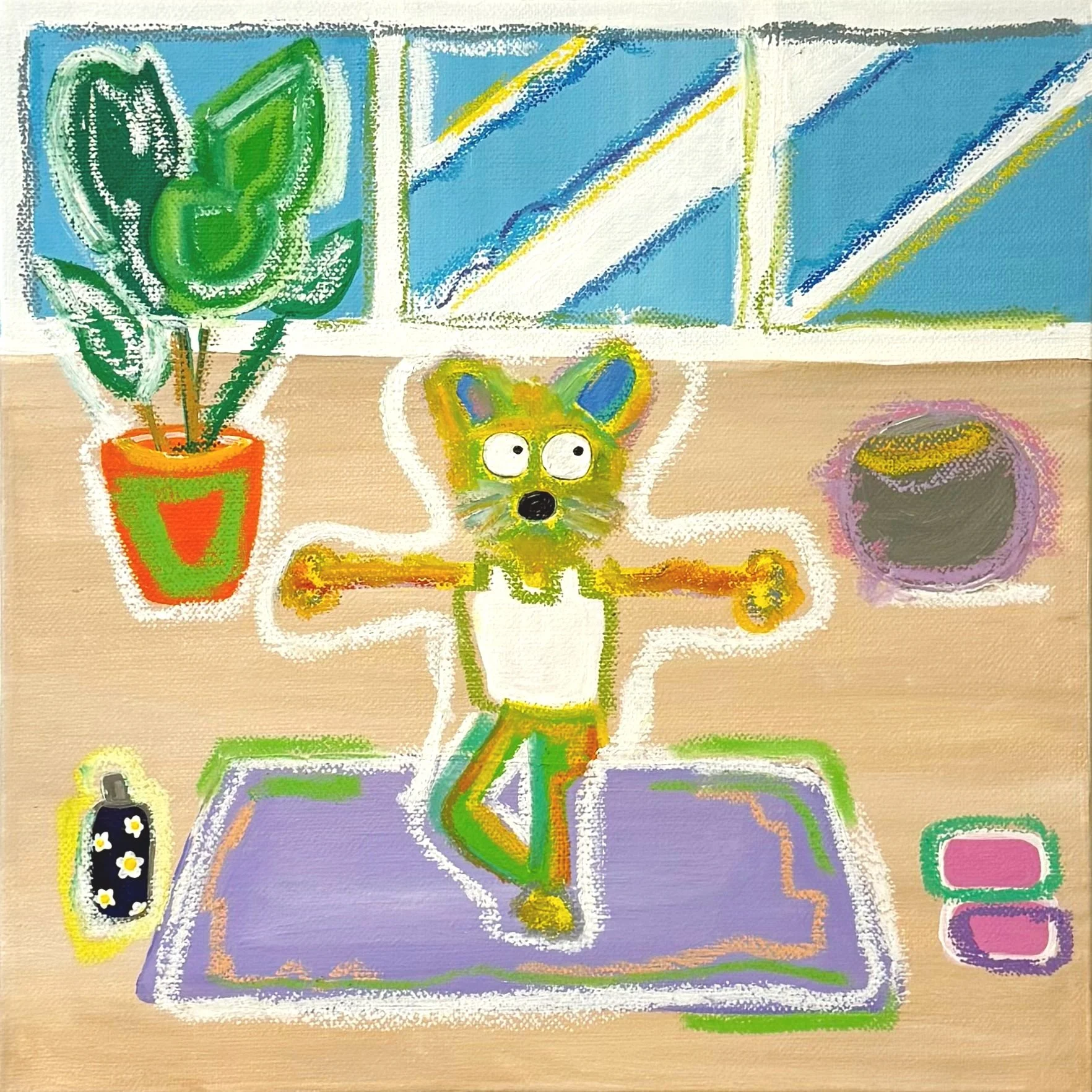Just Green Pants and Purple Mat, 2025
acrylic & oil pastels on canvas 27 x 27cm