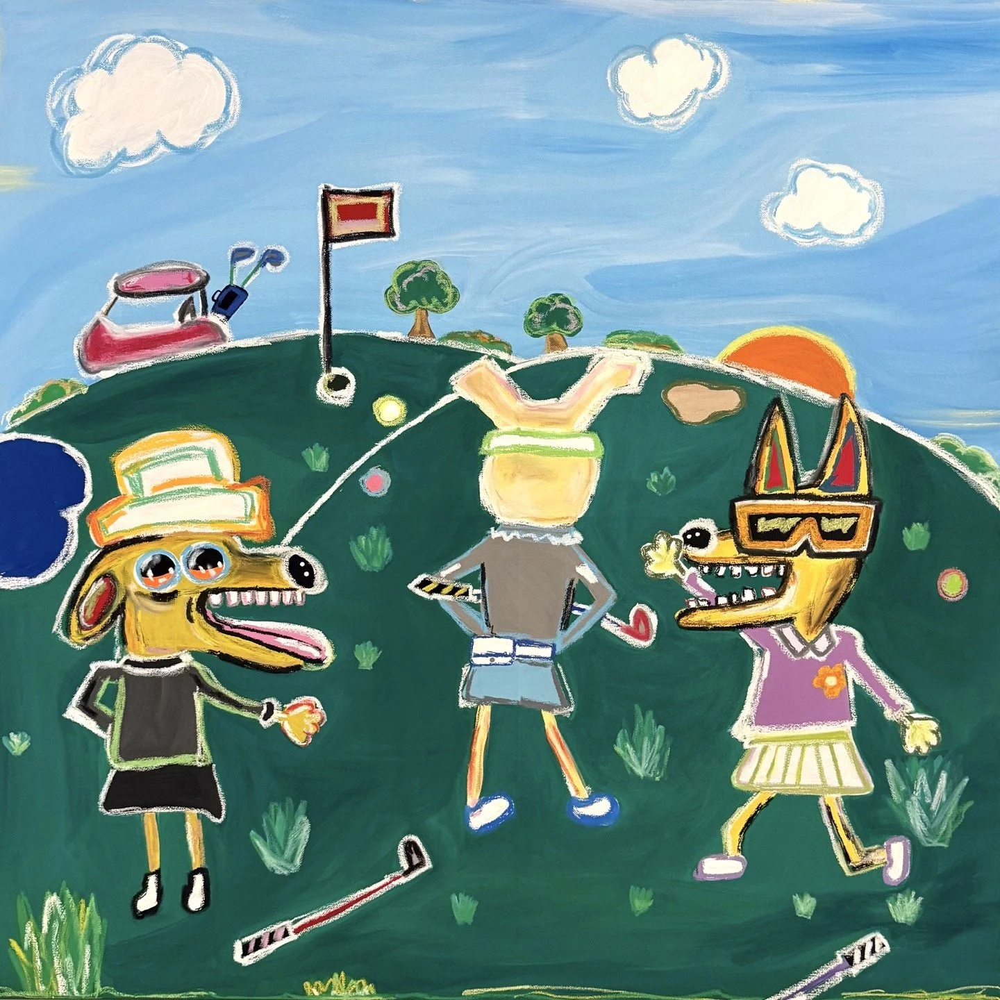 Hot Girls Play Golf, 2025
acrylic & oil pastels on canvas 90x 90cm