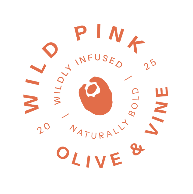 Custom circular logo with the words "WILD PINK OLIVE & VINE" and "WILDLY INFUSED" around a central icon of an olive, on a black background.