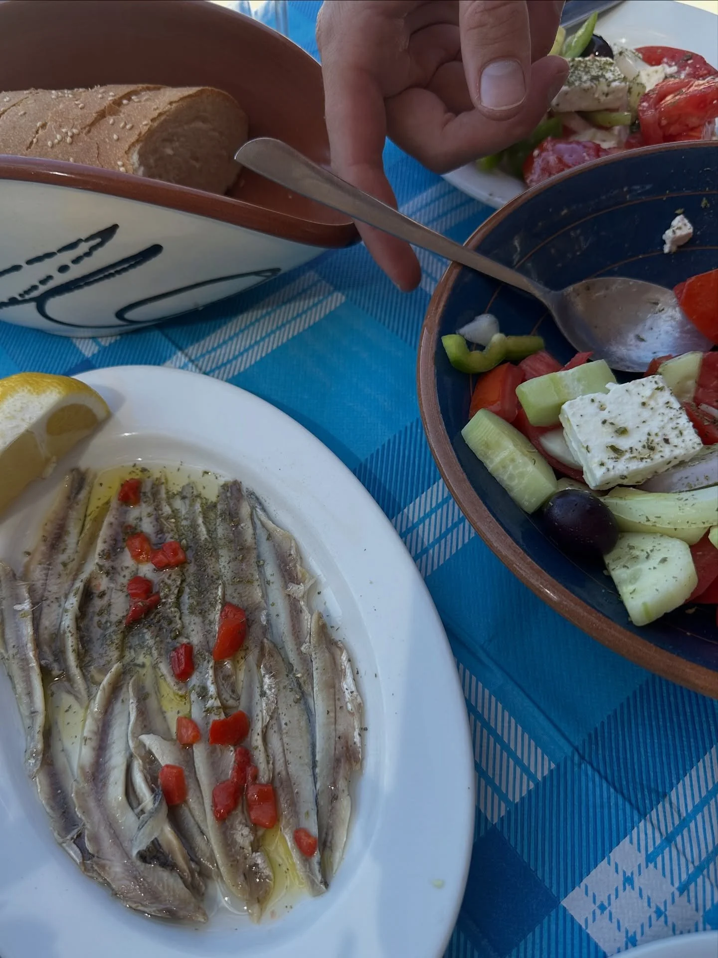 Greek food recap🧿🧿
1. Marinated anchovies 
2. The best taramasalata I&rsquo;ve ever had
3. Daily pastries
4. Gyros, Greek salad &amp; stuffed peppers
5. The yummiest figs 
6. Freddo cappuccino 
7. Barbecued octopus &amp; fried anchovies
8. Baked fe