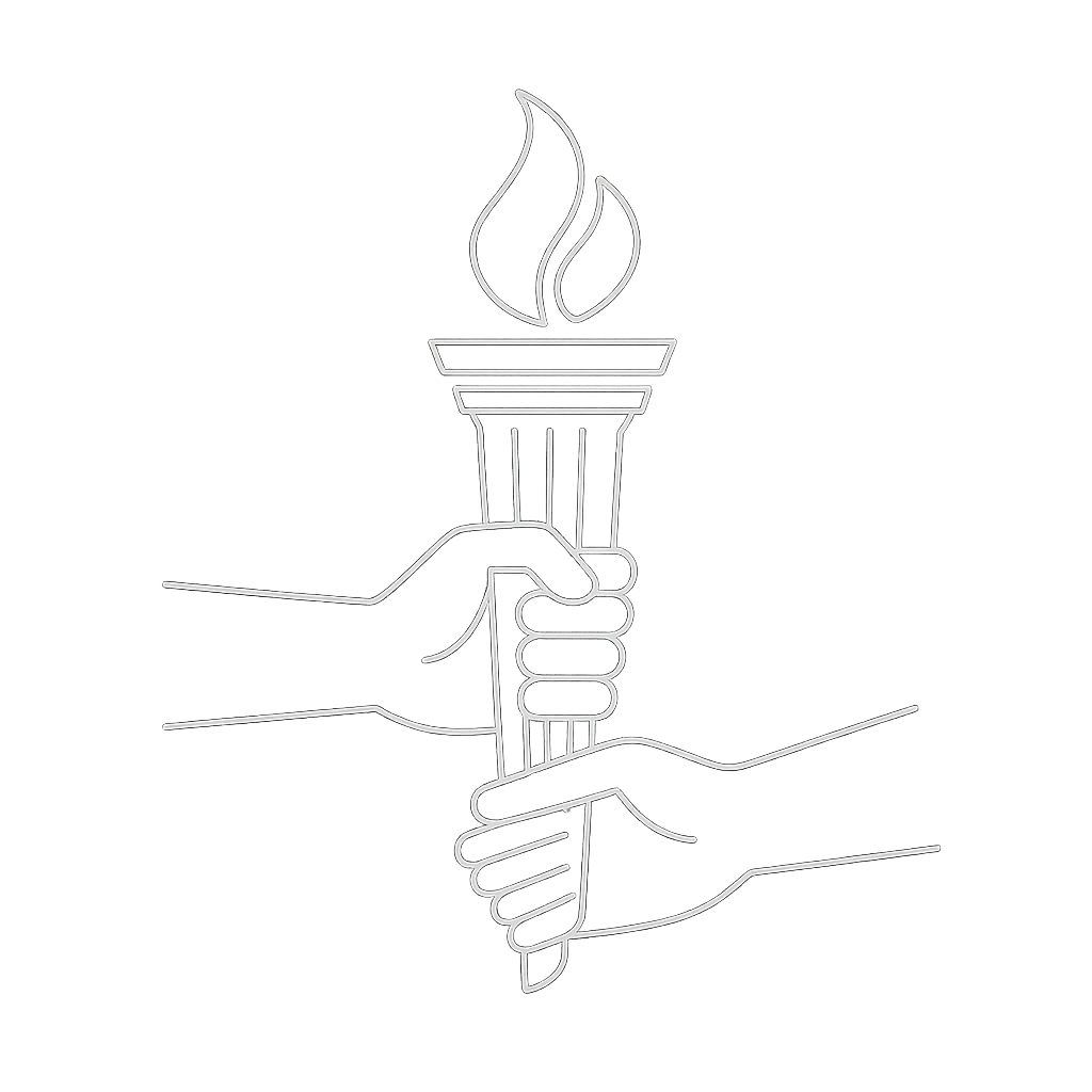 Neon wall art of two hands holding a torch with a flame. One generation passing the torch of stewardship to the next. A legacy preserved.