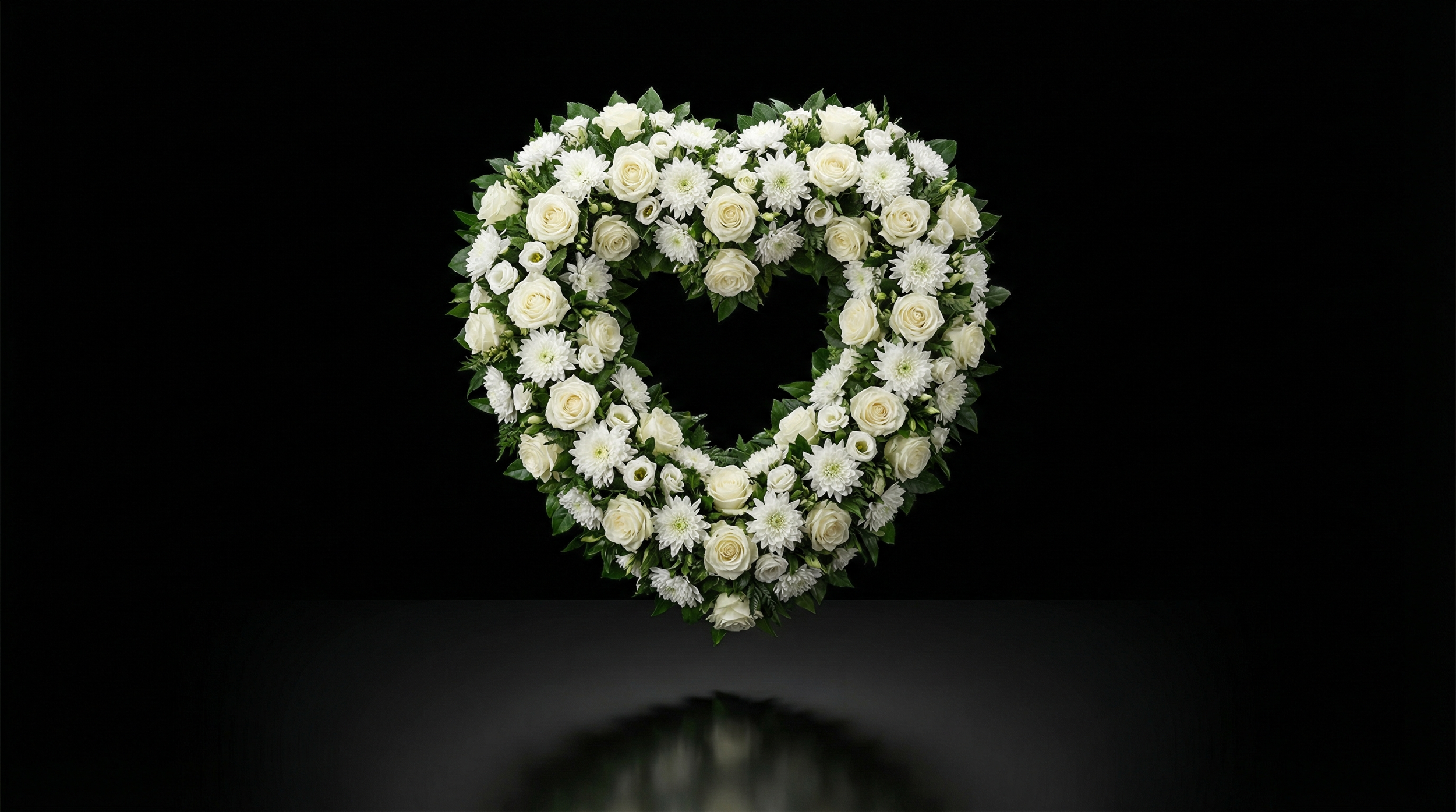 Open Heart Wreath From $325 A classic heart shaped wreath with an open center, displayed on an easel. A timeless symbol of love and remembrance.