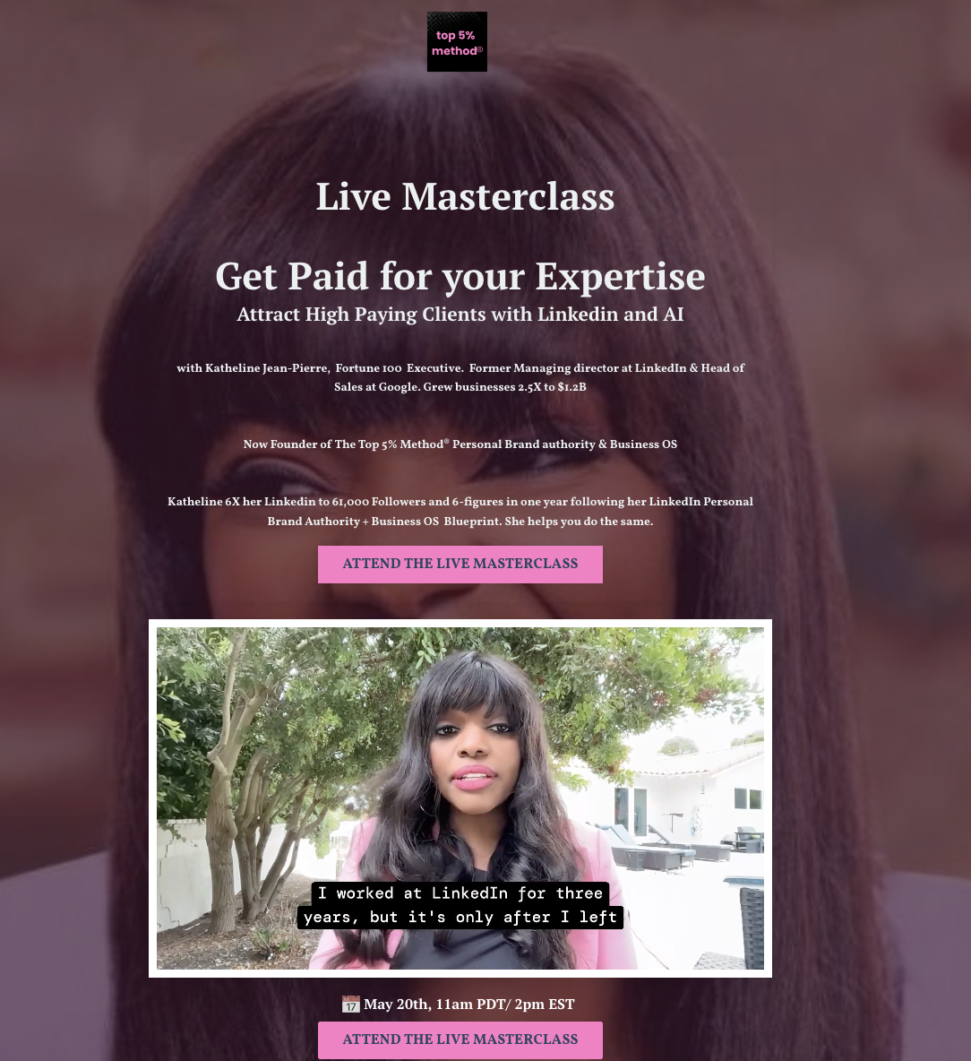 Promotional webpage for a live masterclass titled "Get Paid for Your Expertise" aimed at attracting high-paying clients through LinkedIn and AI. Features a woman with dark hair and subtitles about her LinkedIn experience, with event dates and a pink call-to-action button.