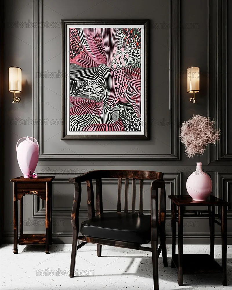 Interior of a room with dark gray paneled walls, decorated with a large abstract pink, black, white, and green artwork, flanked by two wall-mounted lamps. In front, there is a wooden chair with a dark cushion, and on either side, small wooden tables with pink vases, one with a pink floral arrangement.