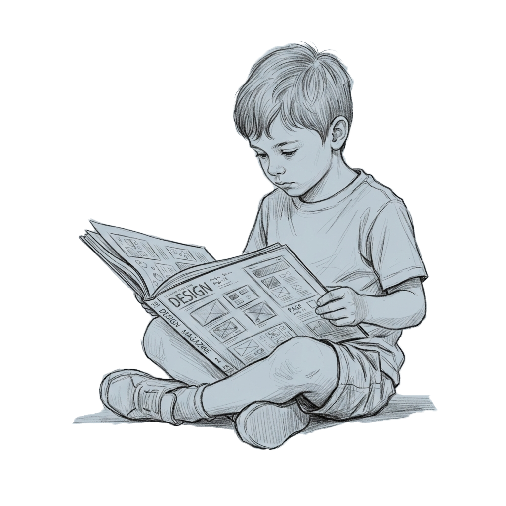 Drawing of a young boy sitting cross-legged and reading a magazine about design.