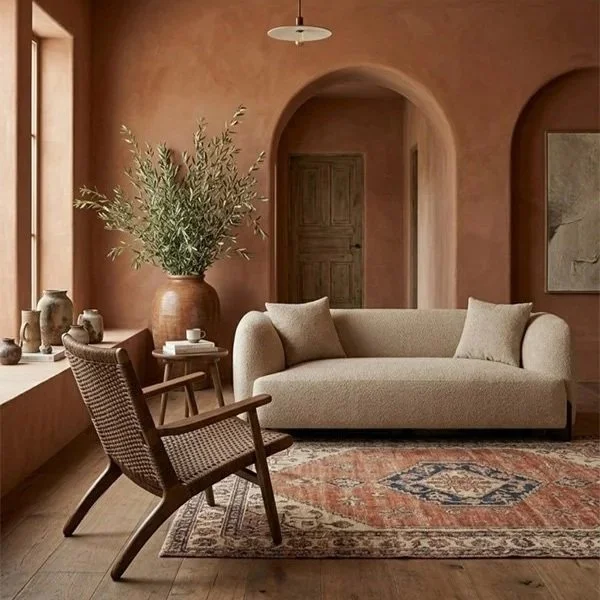 Living room with terracotta walls, a beige sofa with matching cushions, a woven chair, a large vase with tall greenery, pottery on the windowsill, a colorful area rug, and a wooden door in the background.