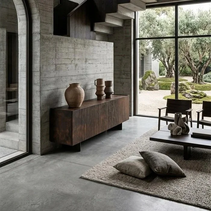 Modern living room with concrete walls, a wooden sideboard with decorative vases, a large window overlooking a garden, chairs, and a low table with cushions.