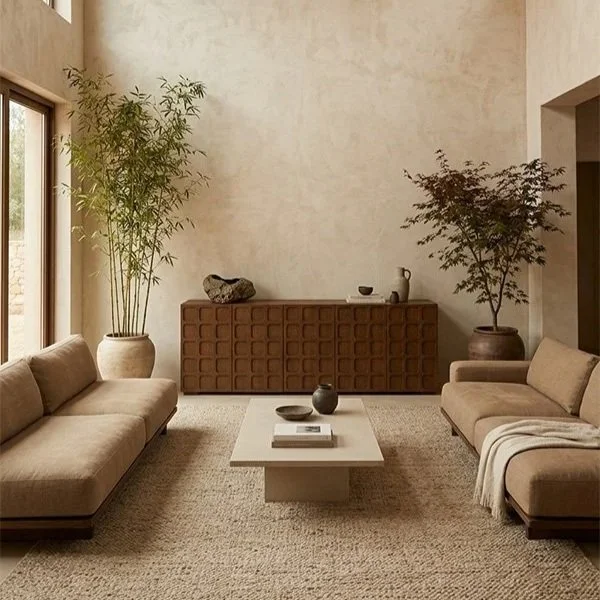 Minimalist living room with beige sofas, a white coffee table with books and vases, a beige rug, two tall potted plants, and a wooden sideboard against a textured beige wall.