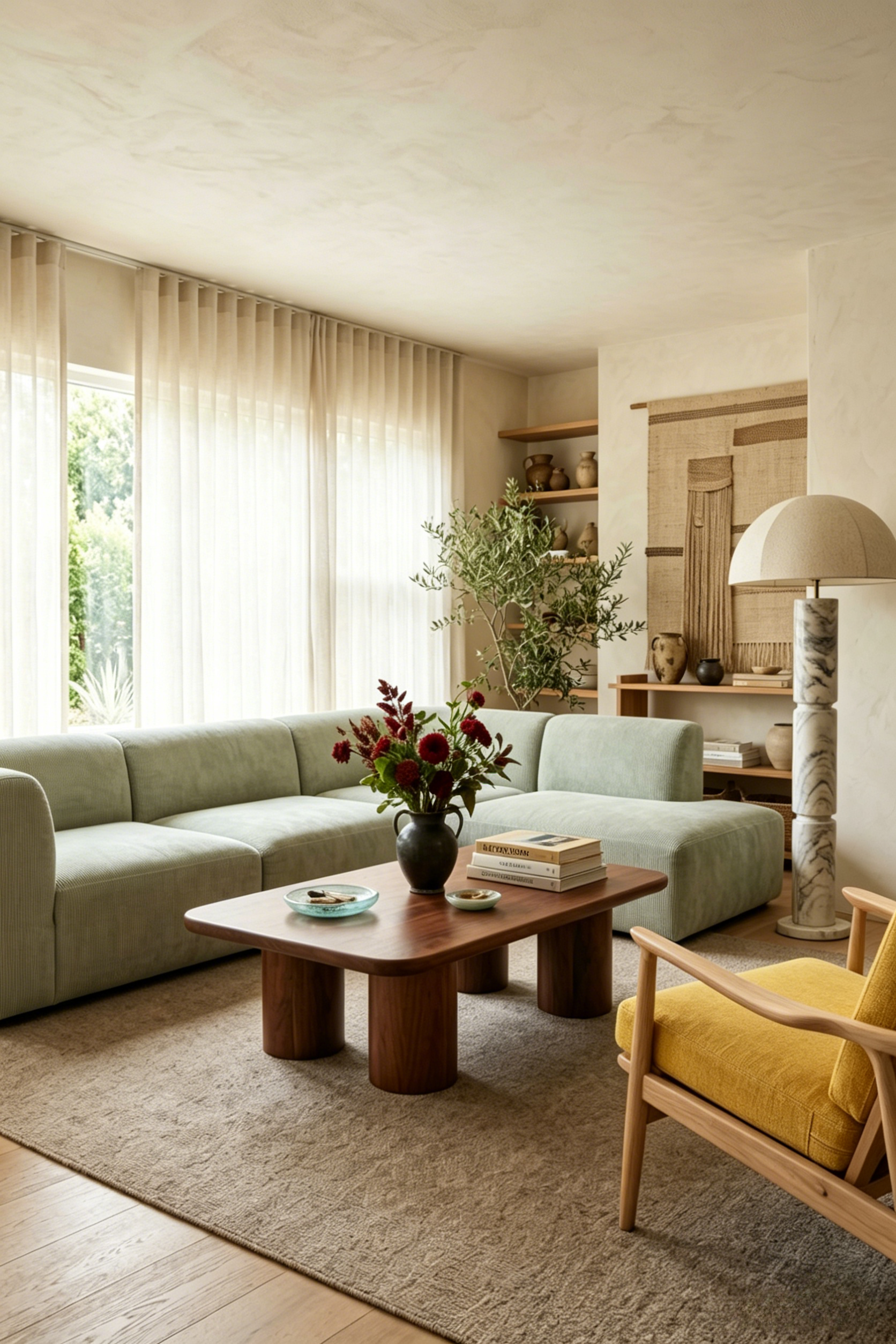 Sage Green Living Room with Warm Wood & Organic Textures.png