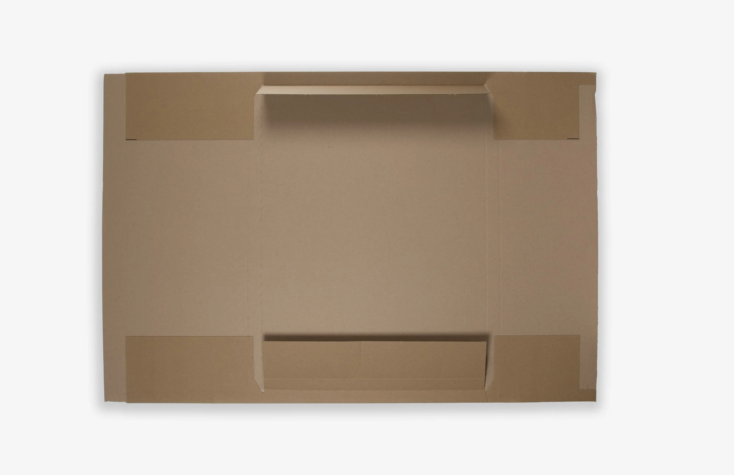 Unassembled cardboard bookshelf in brown color with multiple compartments and shelves.