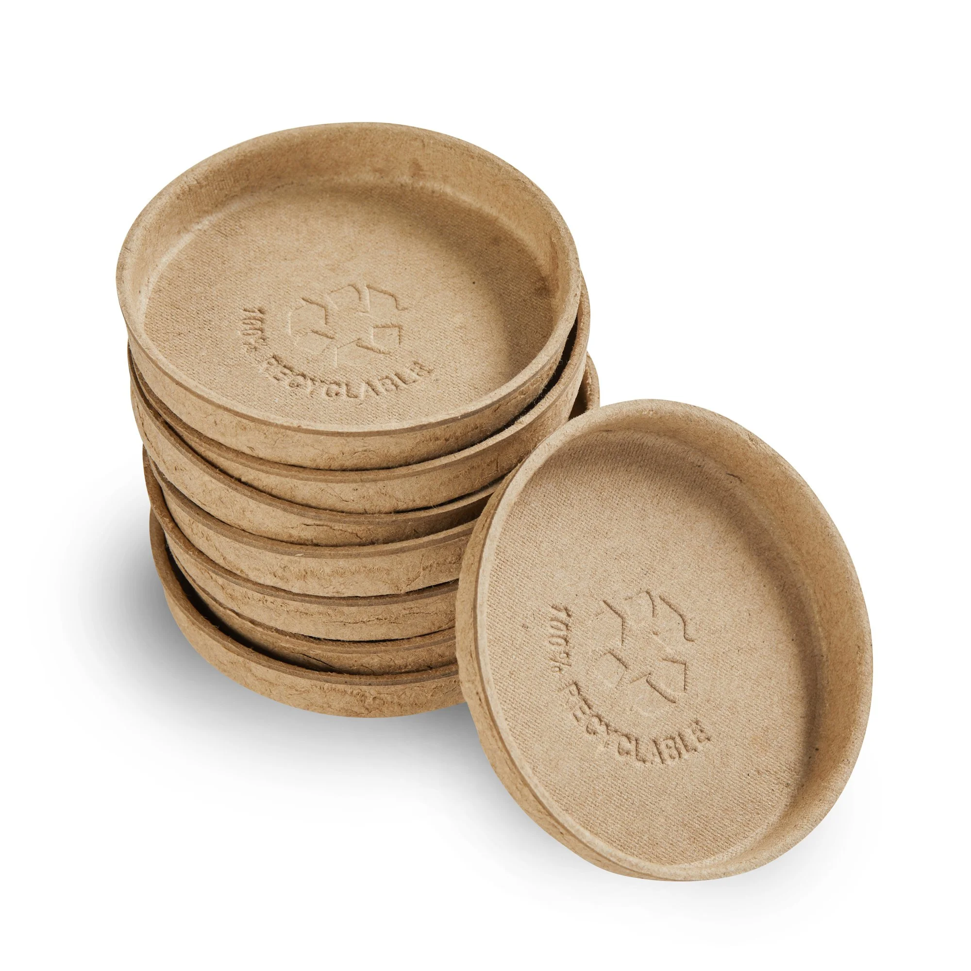 Stack of brown biodegradable containers with embossed recycling symbol.