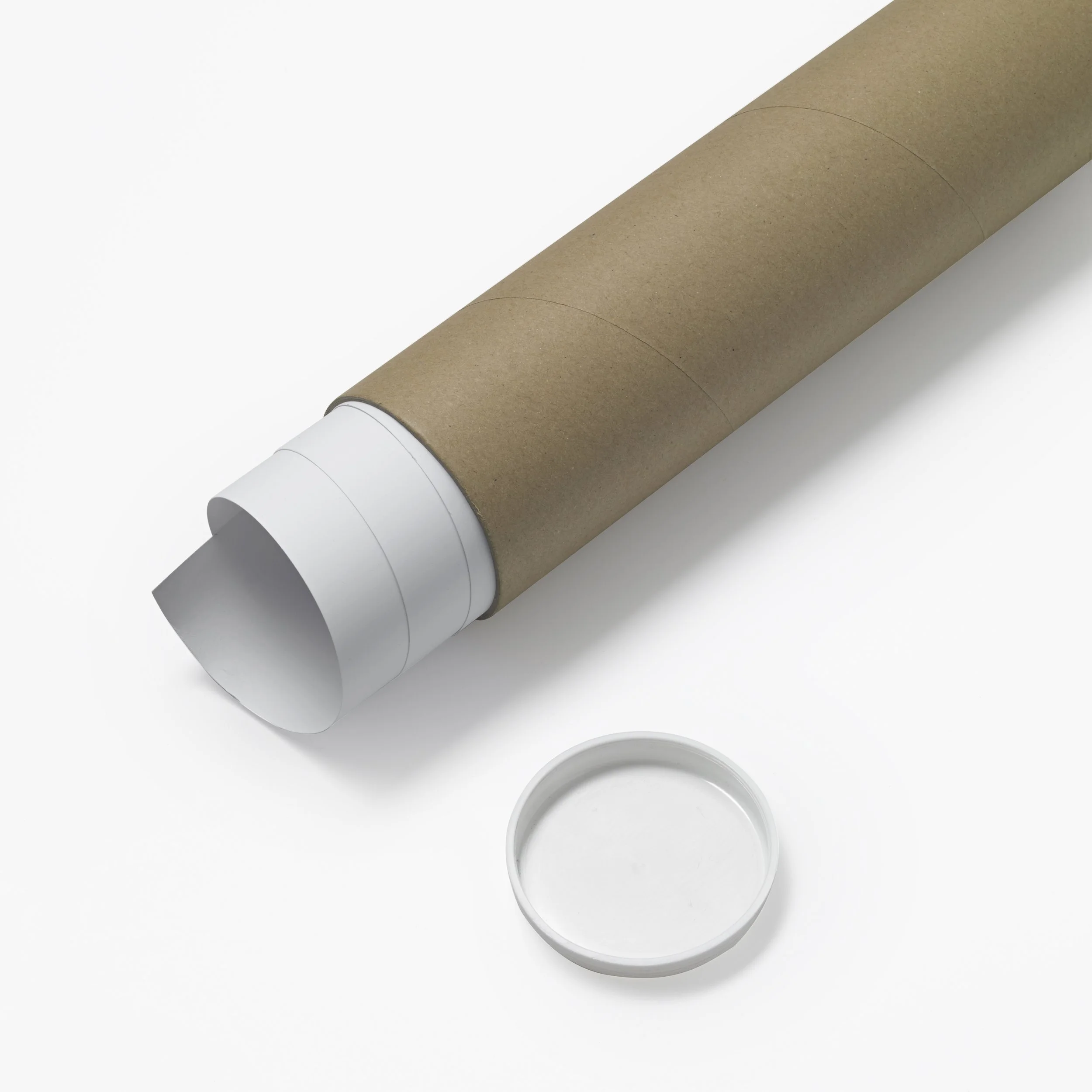A cardboard tube with white paper ends and a white inner tube, alongside a small white bowl with no contents, on a white background.