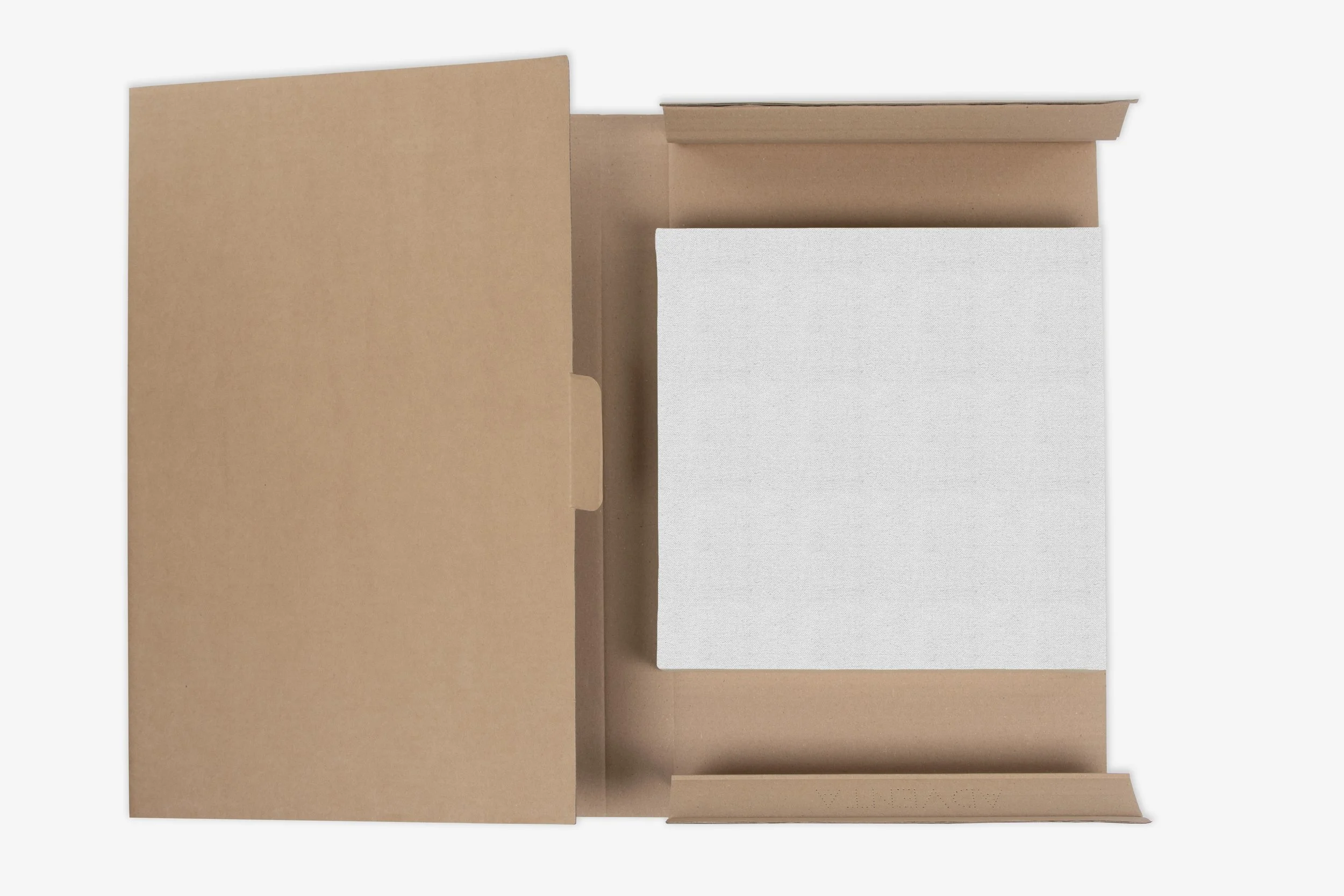 Open cardboard box with a white foam insert inside.