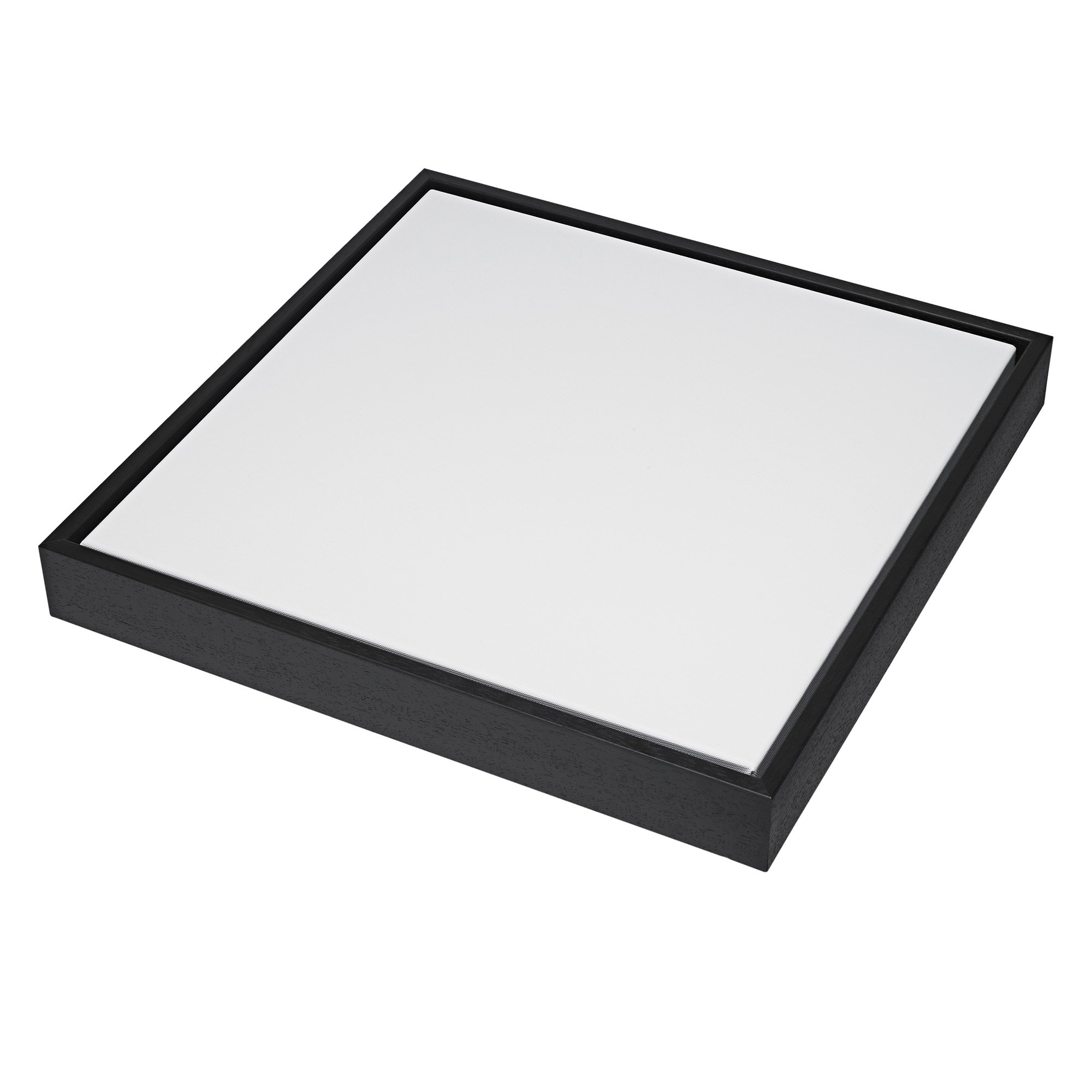 Close-up of a black square picture frame with a white matte or backing, positioned at an angle on a white background.