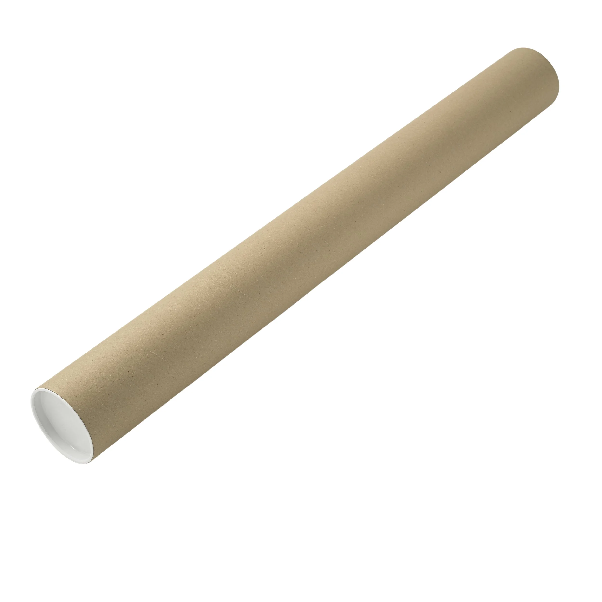 A plain, cylindrical cardboard tube with a white interior, positioned diagonally on a white background.