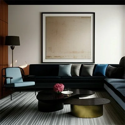 Modern living room with a black sofa, a light blue armchair, a black floor lamp, and a large abstract framed artwork on the wall.