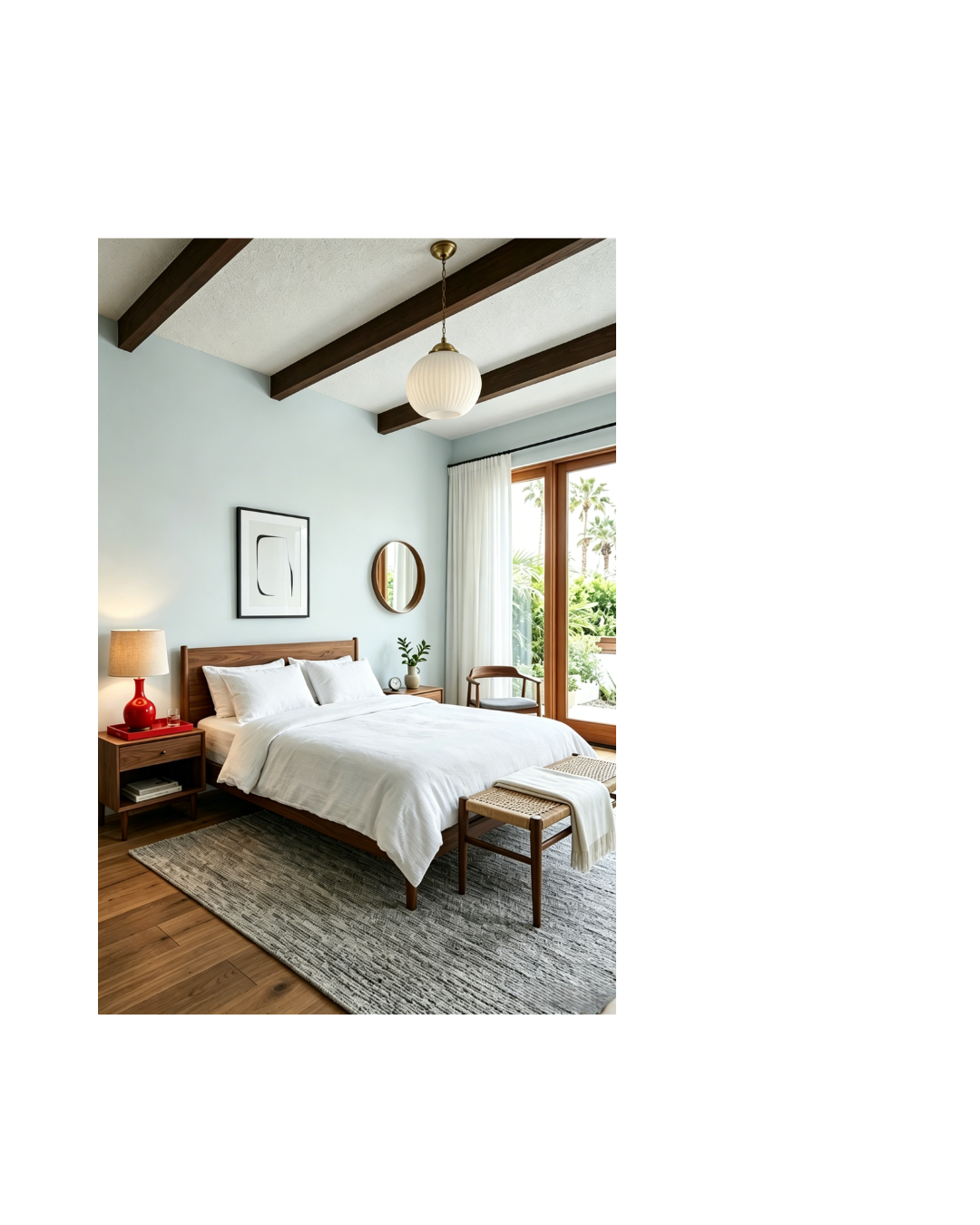 Mid Century Modern Bedroom | Manhattan Mist Blue Walls, Walnut Bed Frame & Globe Pendant Light