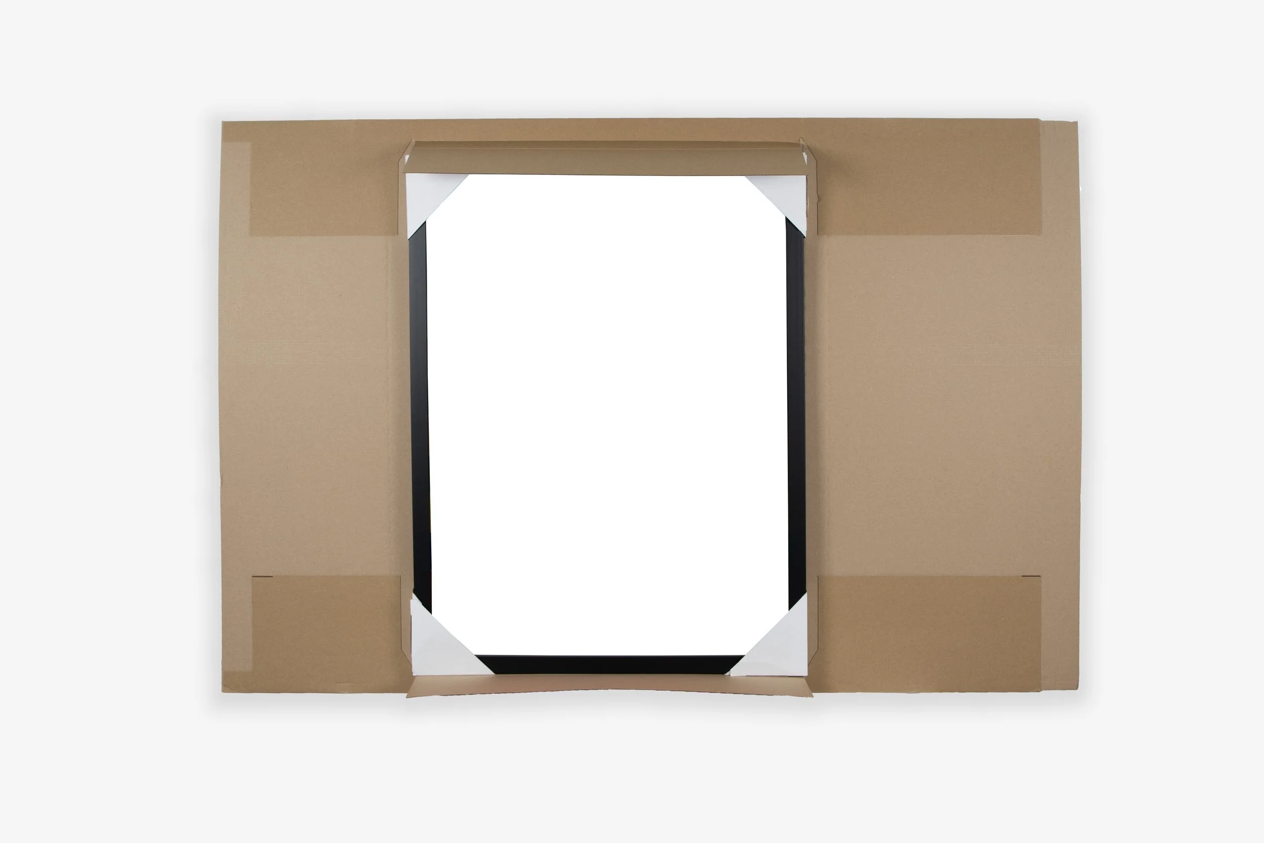 A cardboard frame structure with black support beams and an opening, placed on a plain white background.