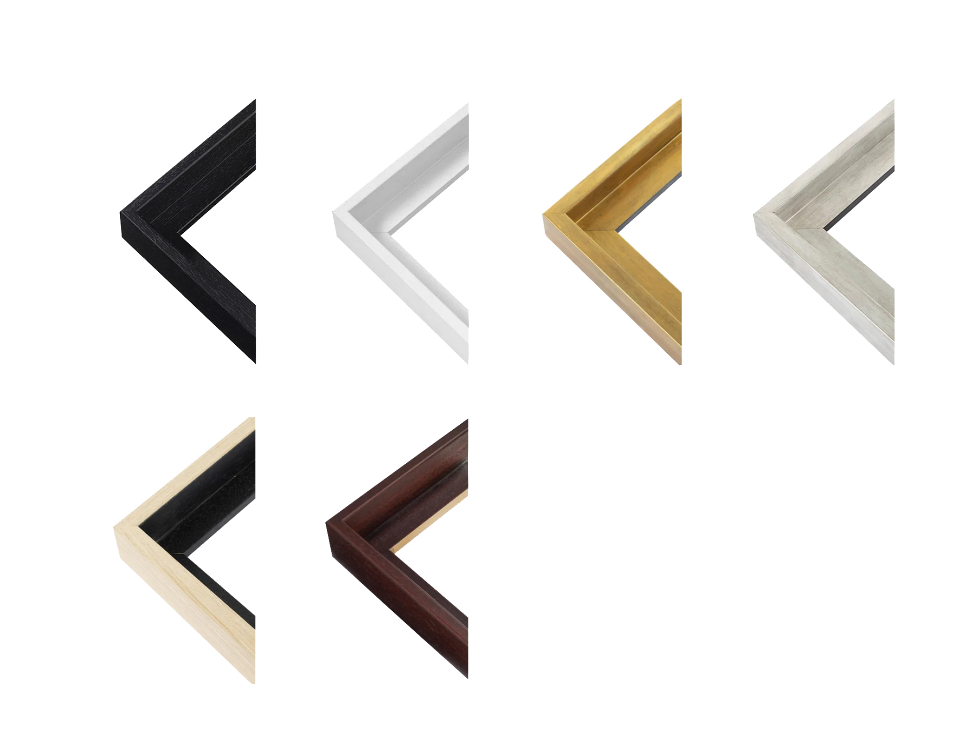 Collection of four corner picture frames in different colors: black, white, gold, and silver.