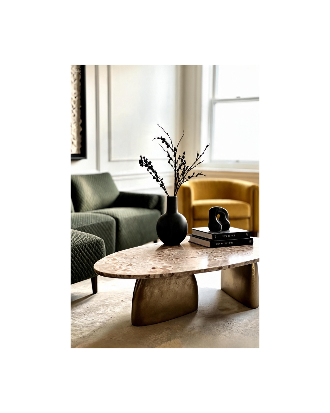 Eclectic Living Room with Forest Green Sofa and Brass Coffee Table