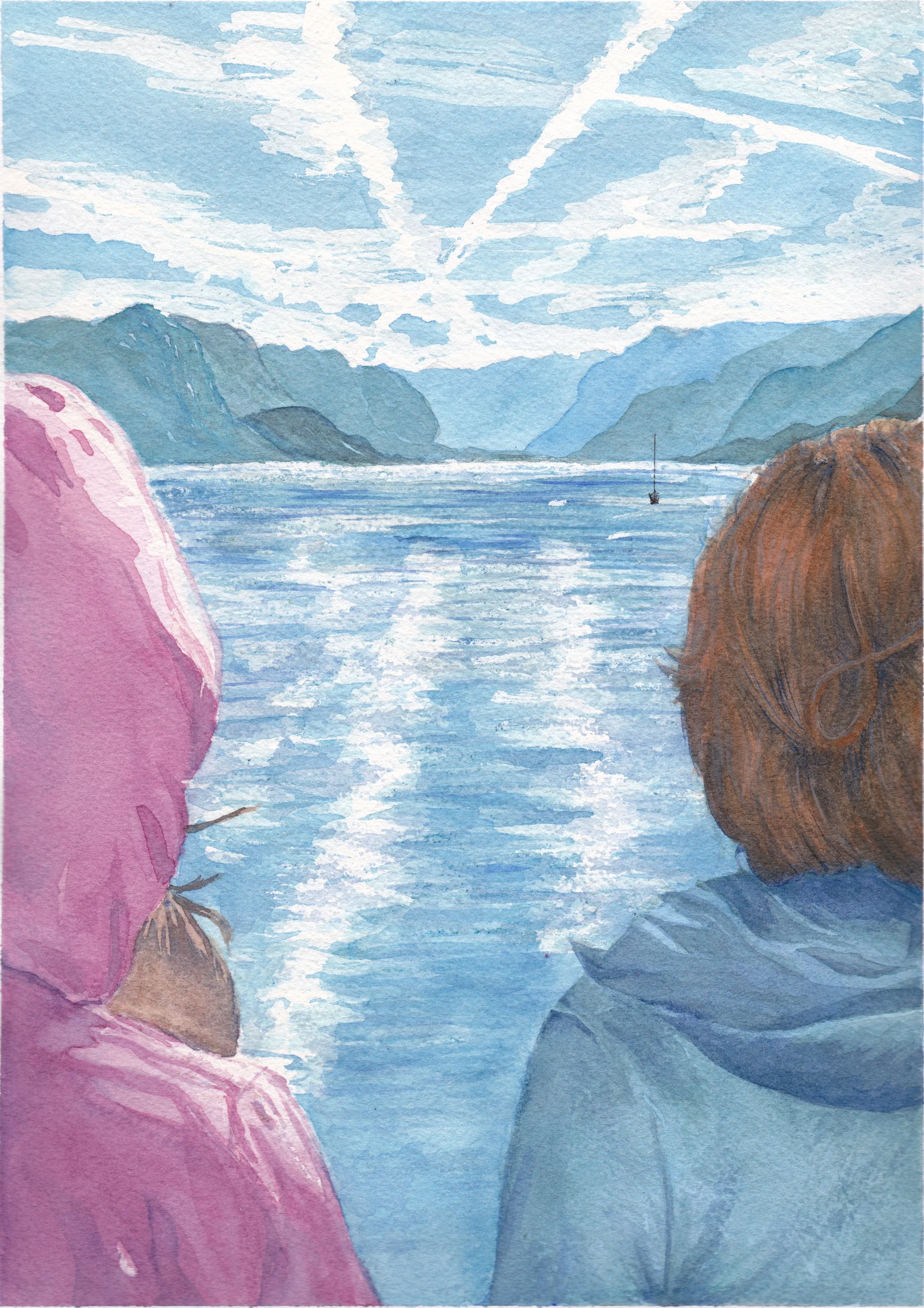 watercolor of fjords in Norway