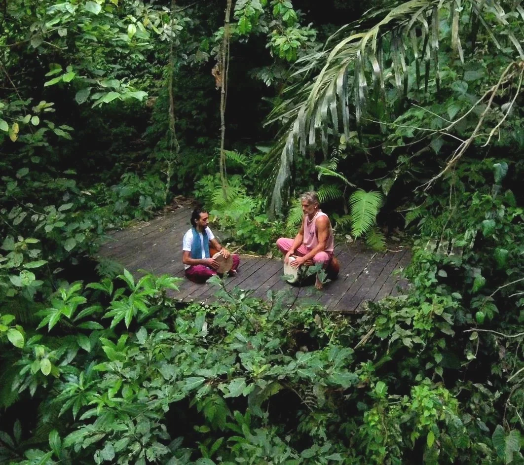 ShaHere & Drum student sitting on a wooden platform in a lush, green rainforest, playing drums.