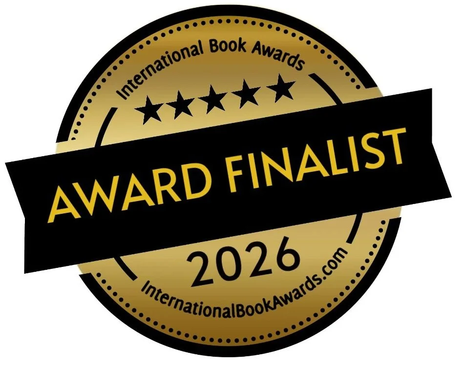 Gold and black badge with circles and stars indicating finalist in the 2026 International Book Awards.