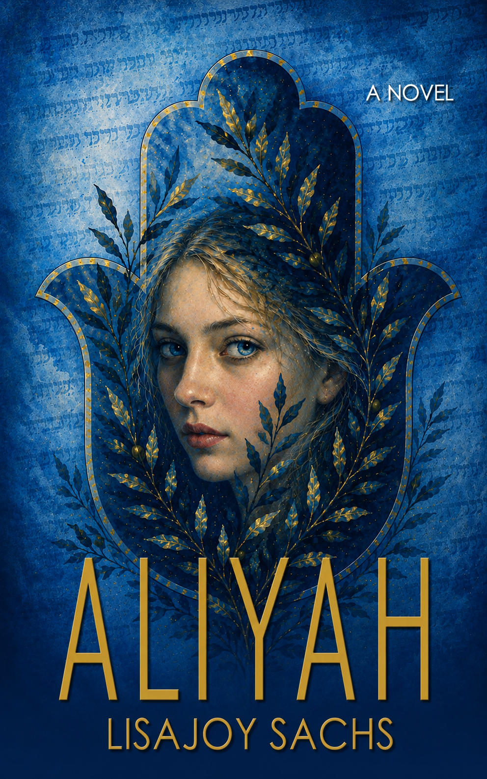 Book cover for the novel 'Aliyah' by Lisa Joy Sachs, featuring a portrait of a young woman with blue eyes, surrounded by blue and gold botanical elements, and a decorative frame on a blue background.