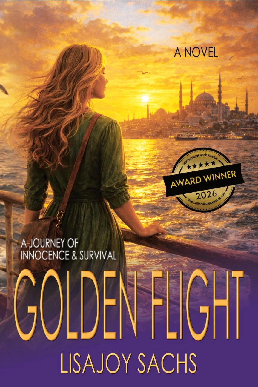 Book cover for 'Golden Flight' by Lisa Joy Sachs, featuring a woman with long curly hair looking at sunset over a city with mosques, water, and boats; includes award badge and text 'A Journey of Innocence & Survival'.