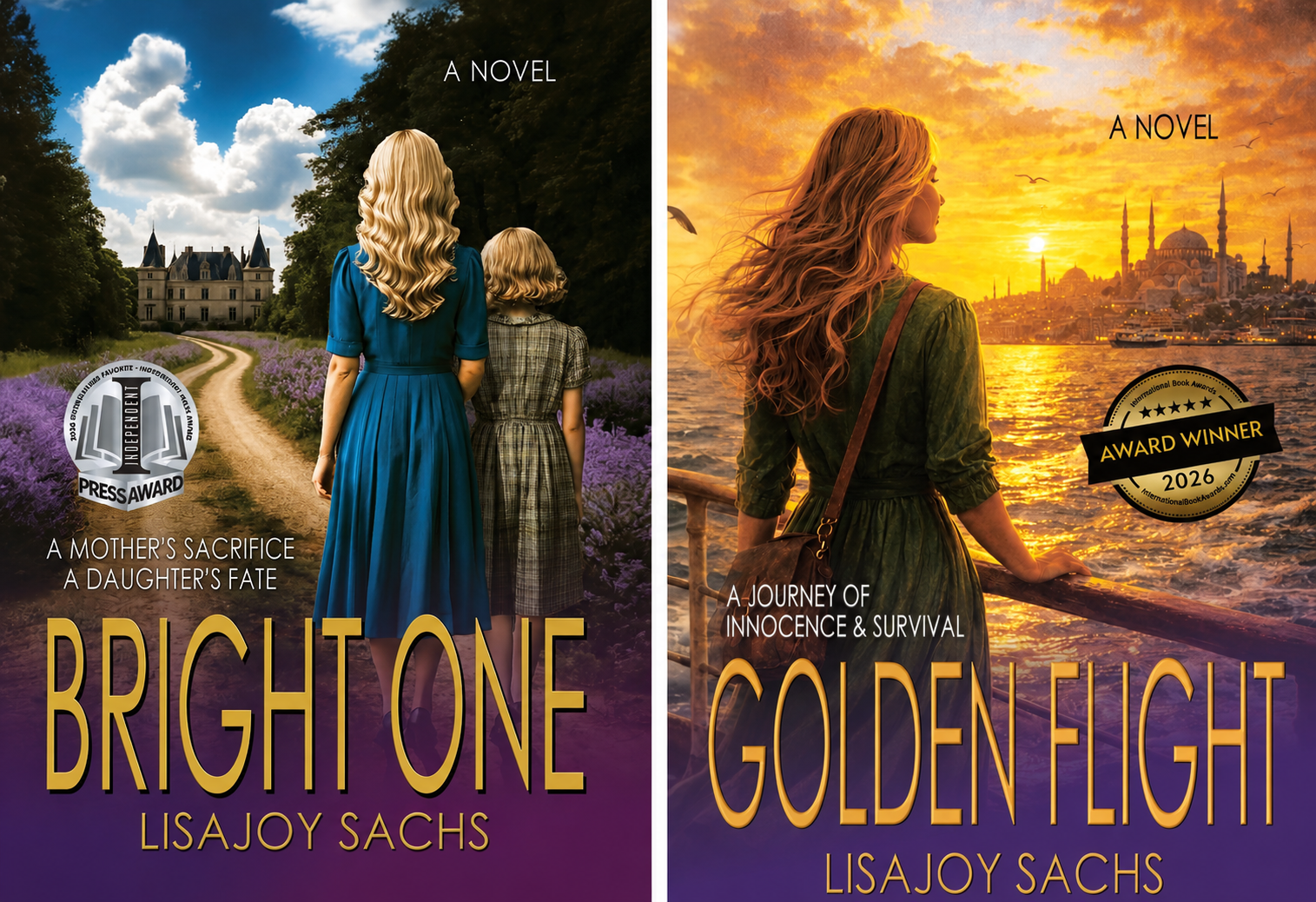 Book cover of two novels by Lisa Joy Sachs, with two women on different scenic backgrounds. Left side shows a woman in a blue dress and a girl walking on a lavender field towards a castle under a cloudy sky, with a book award badge. Right side shows a woman in a green dress looking at a sunset over a body of water with a city skyline and minarets, with another award badge.