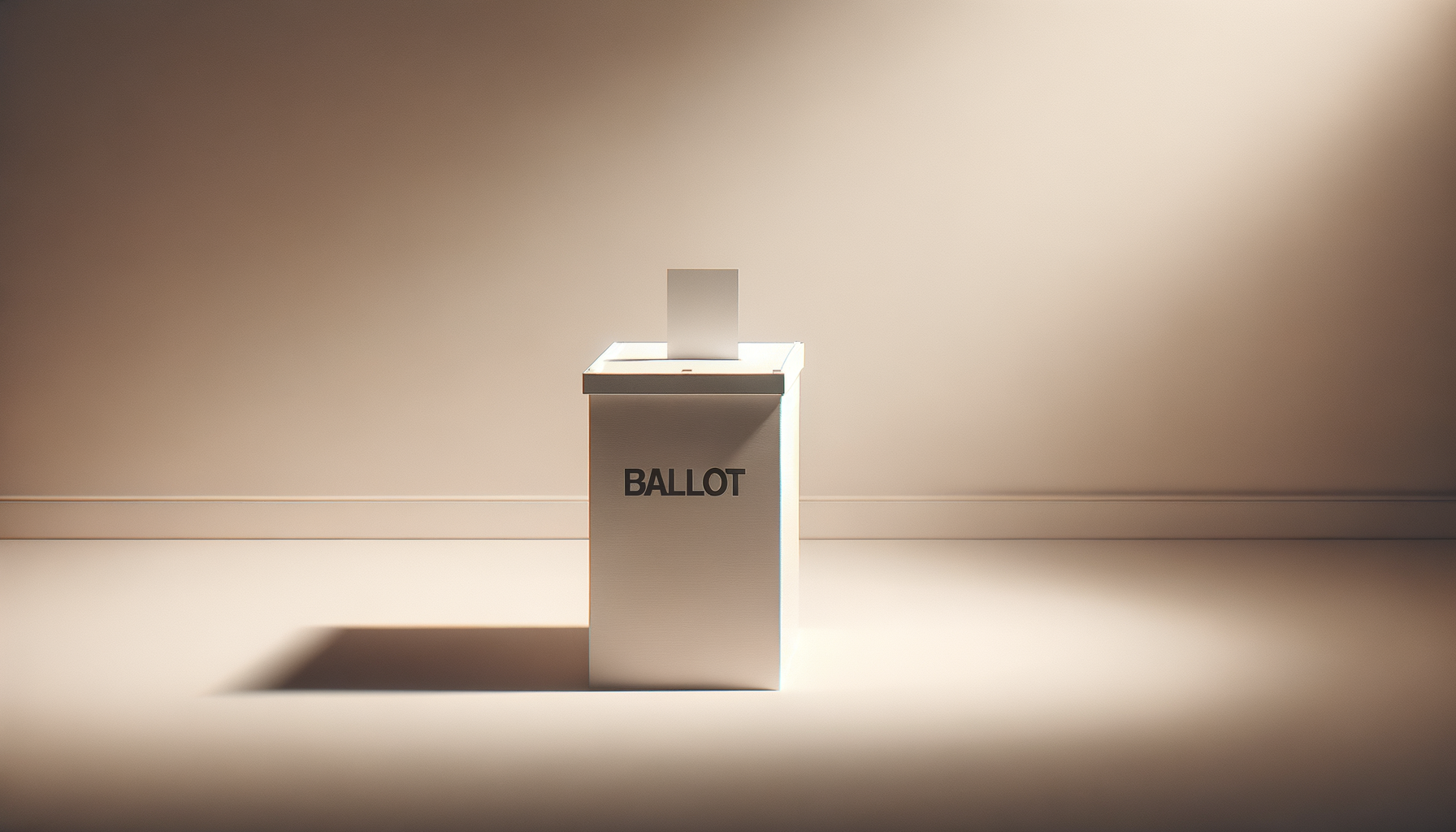 A white ballot box with the word 'BALLOT' written on it, placed against a plain light-colored wall, with a ballot paper inserted on top.
