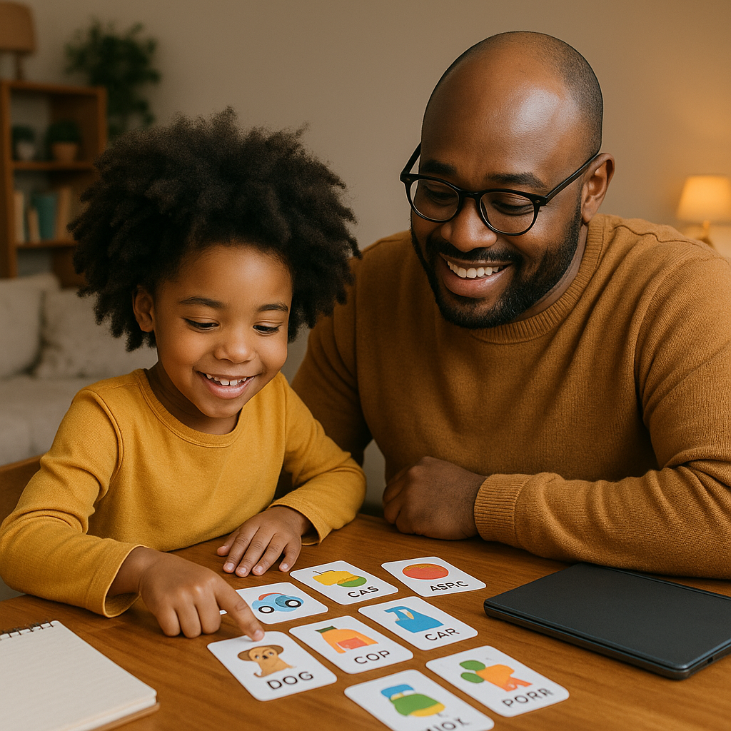 Parent and child using illustrated learning cards together at a table