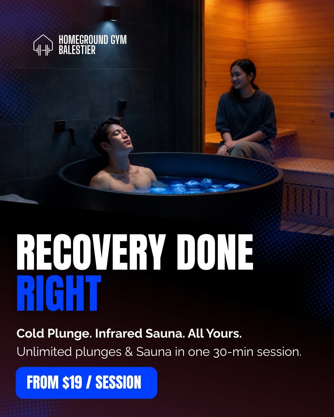 Most gyms have a shower. We built something better.

A dedicated recovery space &mdash; cold plunge from 5&deg;C to 10&deg;C and infrared sauna, under one roof for you to train harder and recover better.

Unlimited plunges and sauna in a single 30-mi