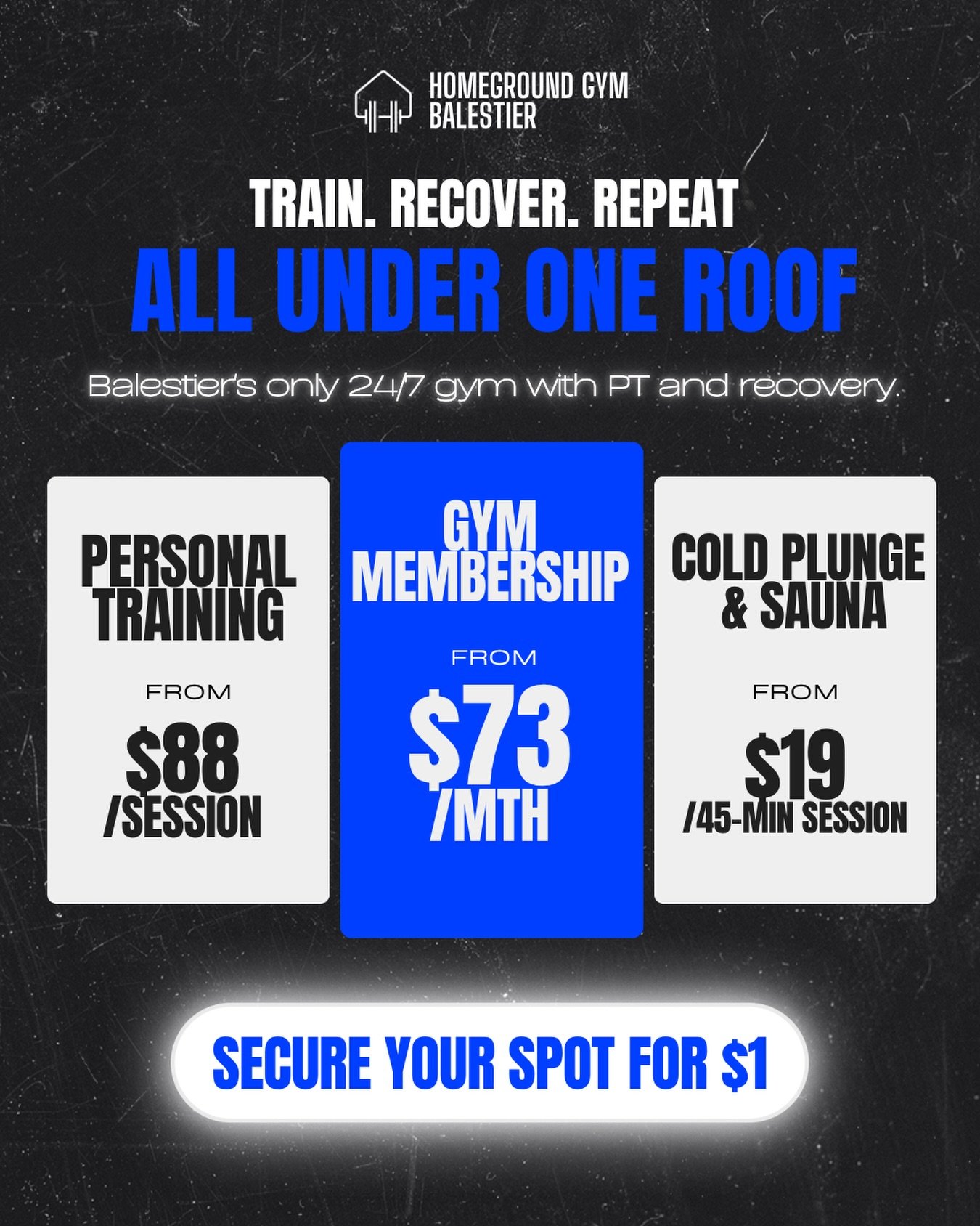 Most gyms give you equipment and an access code. We&rsquo;re giving you more. 💪

24/7 access. Personal training. Recovery. All under one roof in Balestier.

💳Membership from $73/mth. (Limited to 50 members only)
🏋️PT from $88/session.
🧊🔥Cold plu