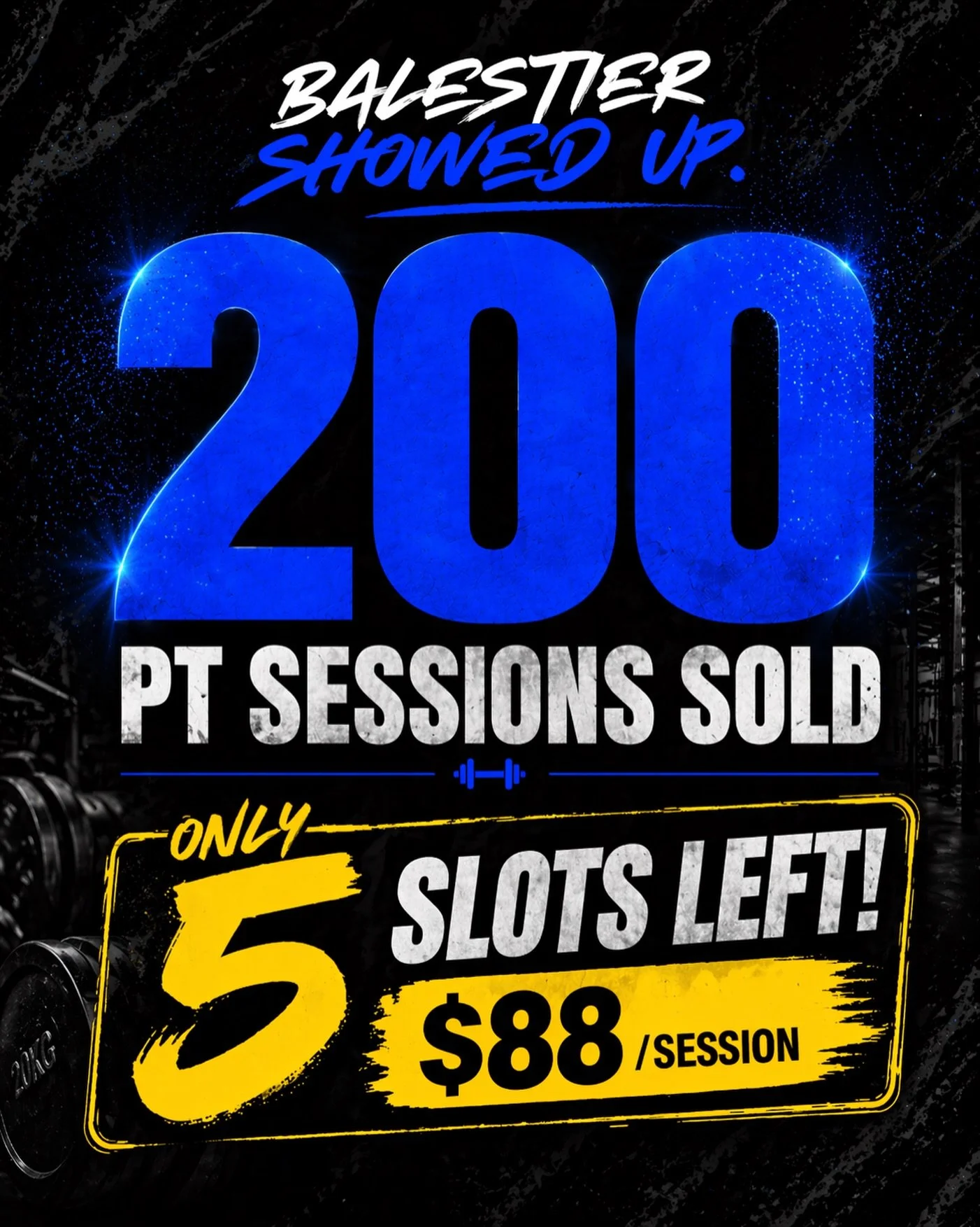 200 sessions. Balestier showed up strong 💪

Huge thank you to our early supporters for trusting us with your training. This is just the beginning.

Only 5 PT slots left at $88 per session.
Once they&rsquo;re gone, they&rsquo;re gone.

Lock yours in 
