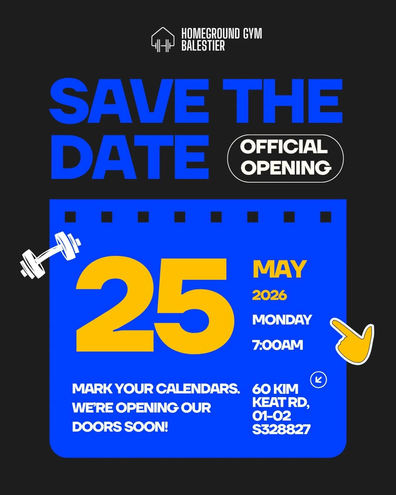 It&rsquo;s official. Homeground Gym Balestier opens its doors on 25 May 2026. 💙

Your new 24/7 training ground is almost ready. From gym access to personal training, cold plunge, sauna, lockers and showers, everything you need to train and recover i