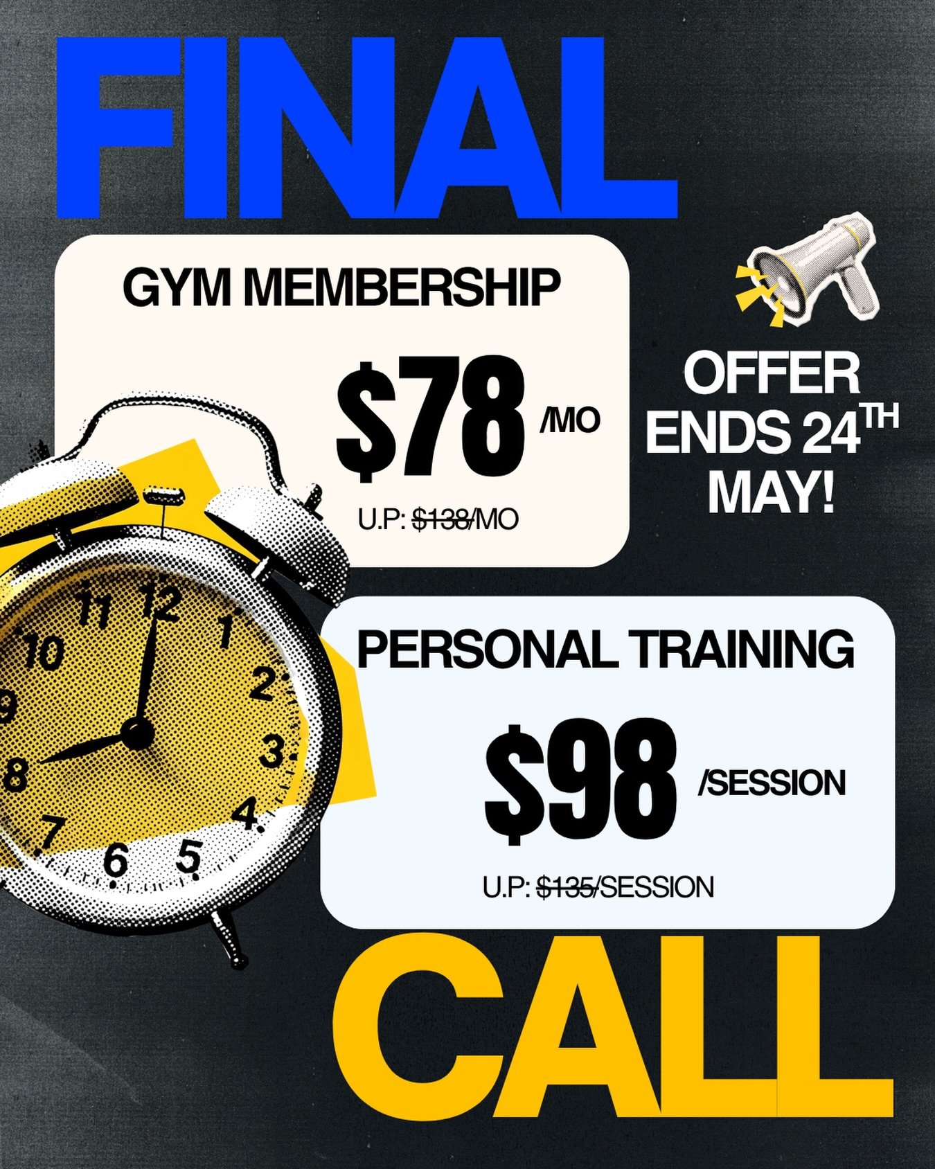 FINAL CALL 🚨

Our pre opening rates end 24 May.

Lock in your gym membership at $78/month or personal training at $98/session before prices go up when we open.

Whether you&rsquo;re starting fresh, getting back into routine, or finally committing to