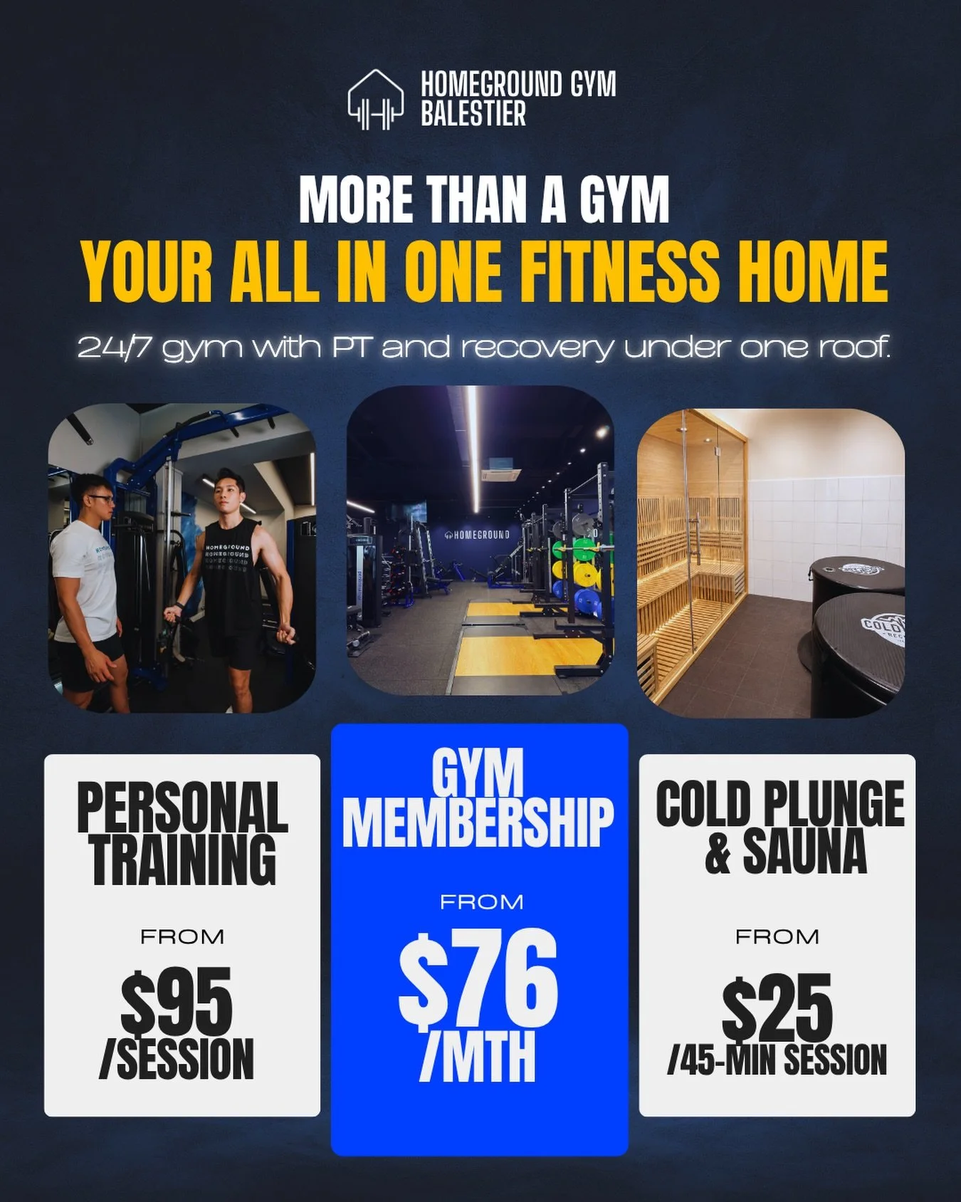 MORE THAN A GYM. YOUR ALL IN ONE FITNESS HOME.

Our new opening rates are now live.

Train anytime with 24/7 gym access, get coached with personalised training, and recover better with our cold plunge and sauna facilities.

Link in bio to sign up or 
