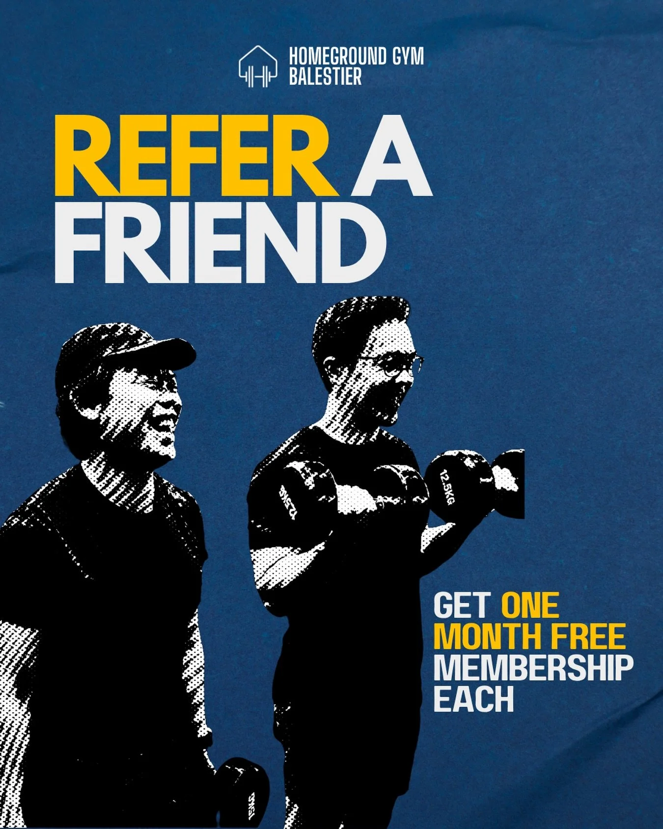 Your training partner just became your best deal 💪

Refer a friend to Homeground Gym Balestier and both of you get 1 free month of gym membership when they sign up.

Bring your buddy in and start training together.

DM us to claim the promo.

Link i