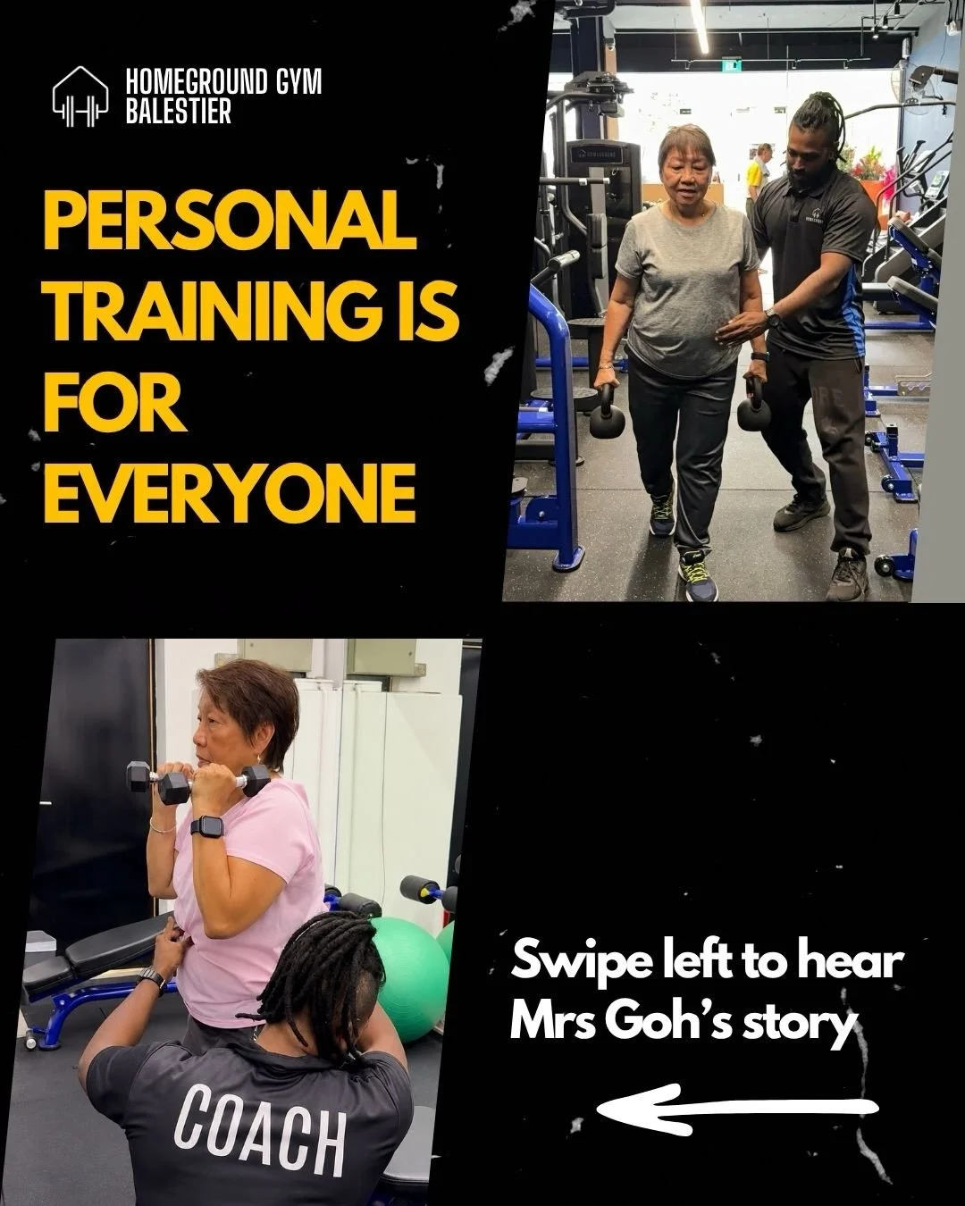 Personal training is for everybody.

At 75, Mdm Kay started her personal training journey after her son signed her up, and it has helped her build confidence, move with better structure, and train safely with guidance.

For her, personal training is 