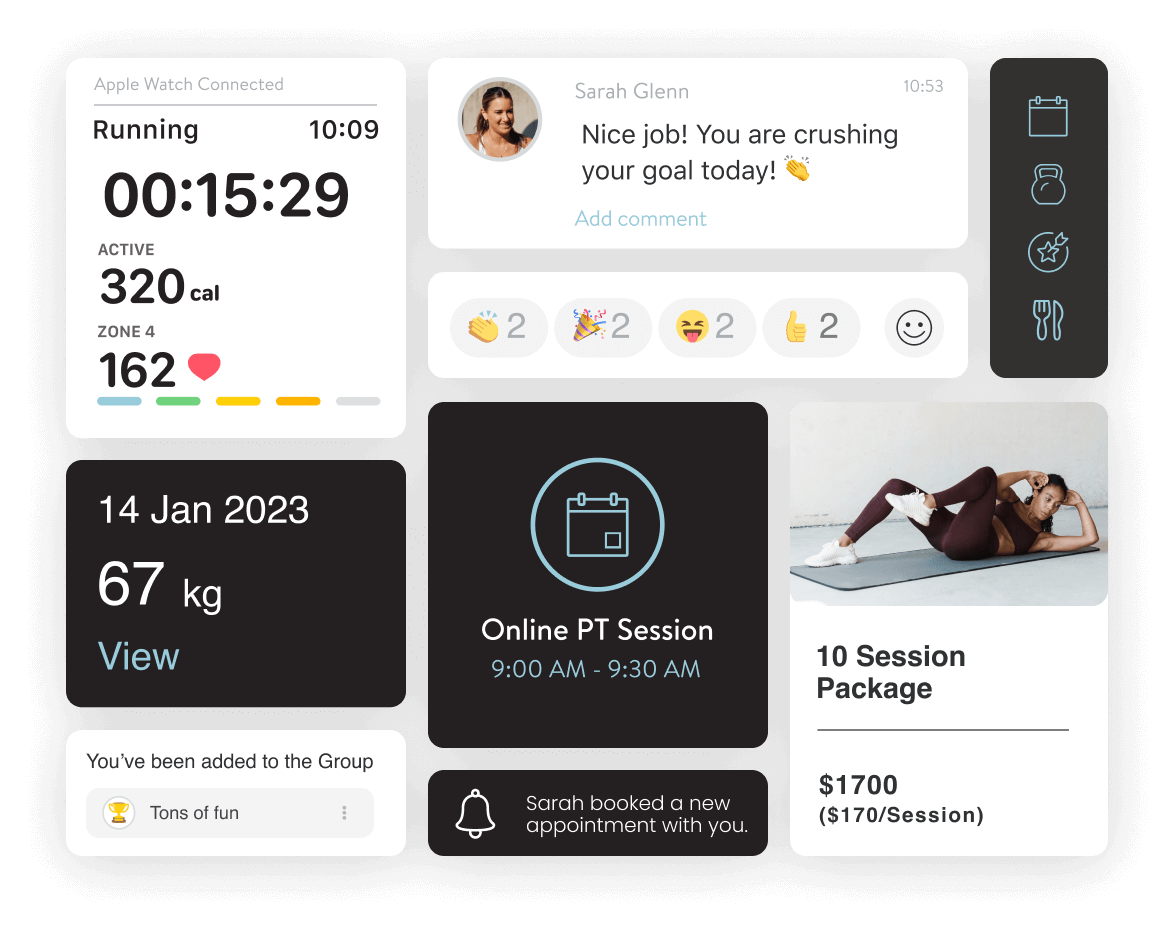 A digital fitness dashboard displaying a woman’s workout progress, including time, calories burned, and zone achievement; a congratulatory comment, emojis reactions; scheduled online personal training session; new group appointment notification; date and weight; and a fitness service package with price.