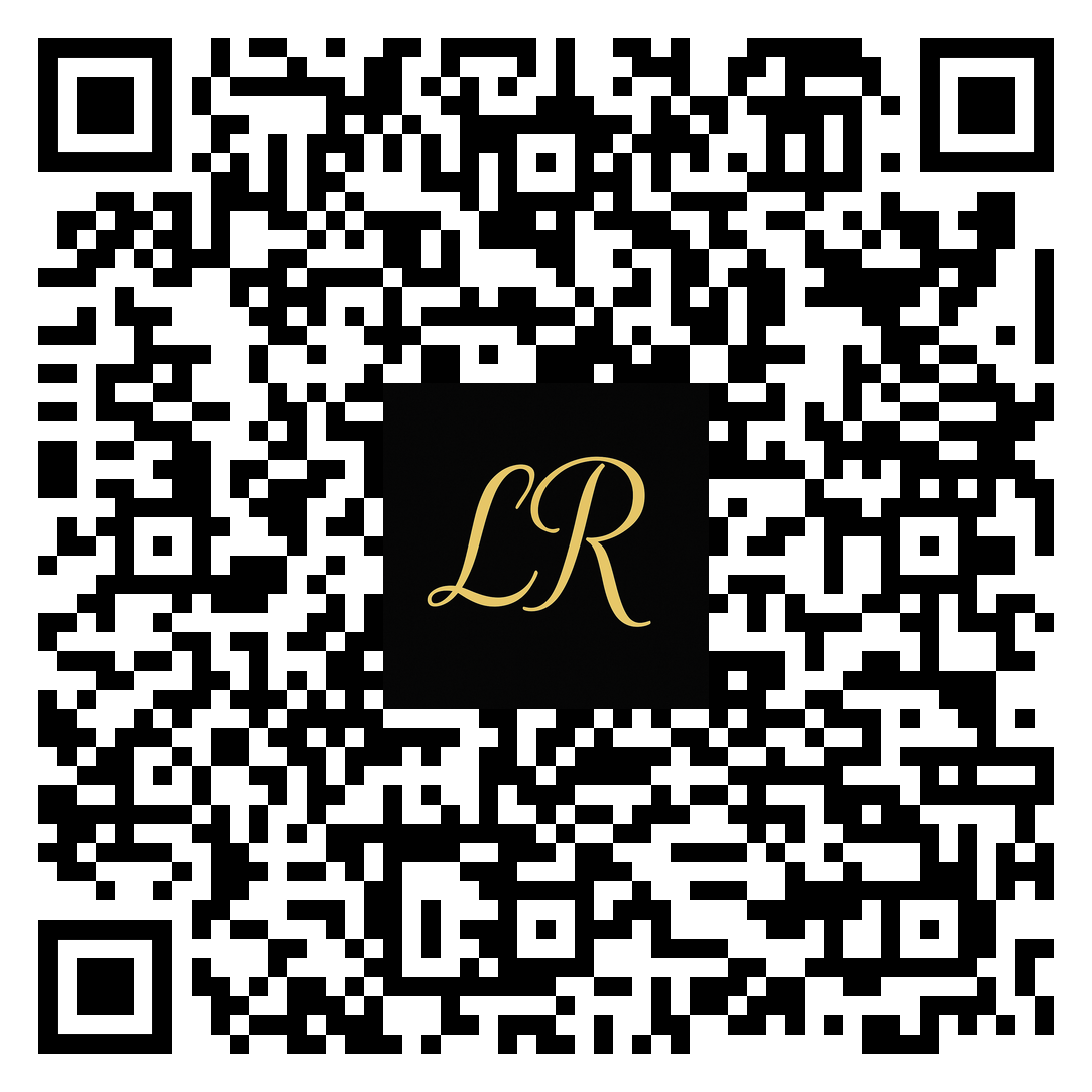 A QR code with a black center featuring gold cursive initials 'LR'.
