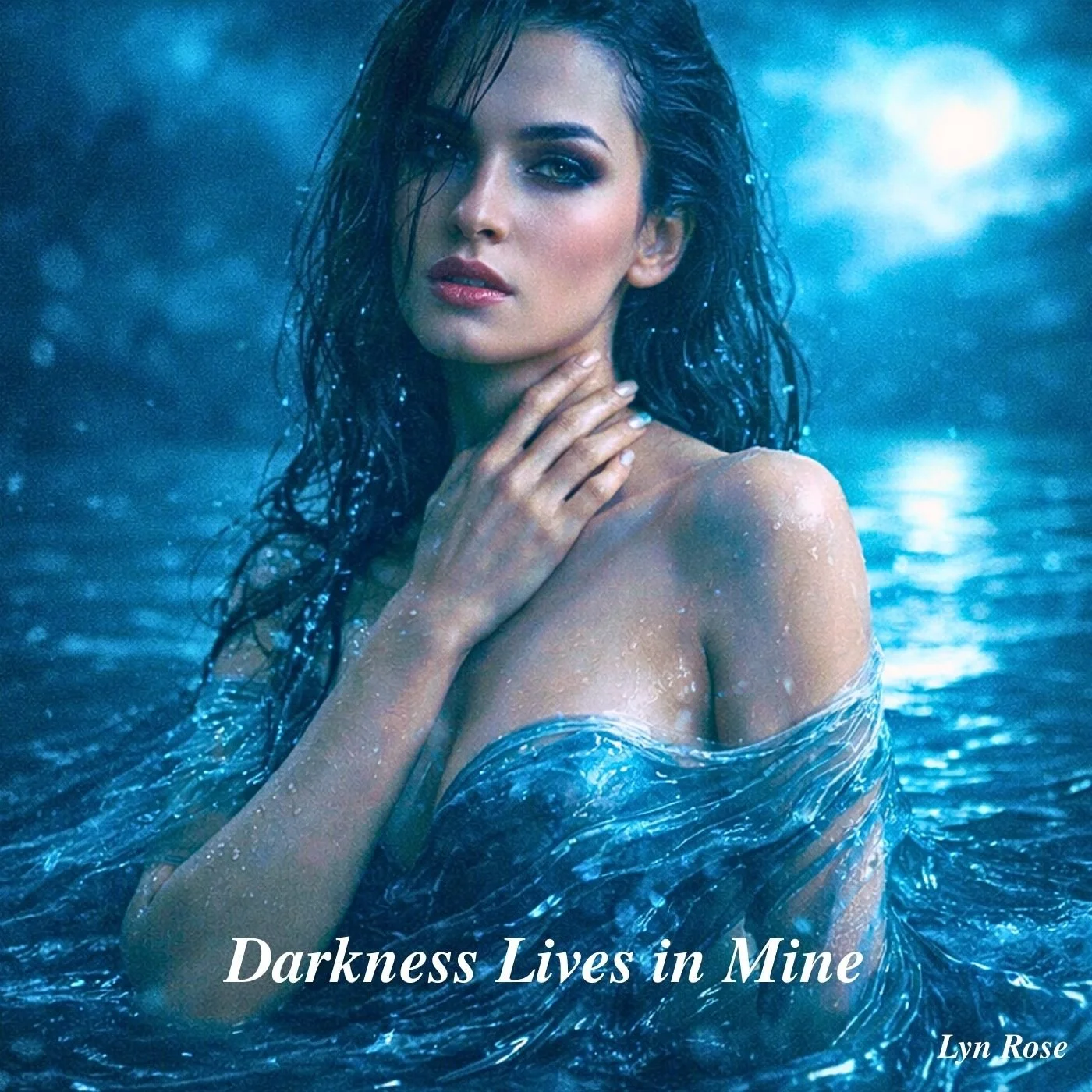 Book cover featuring a woman with wet hair in water, with the title 'Darkness Lives in Mine' and author Lyn Rose.